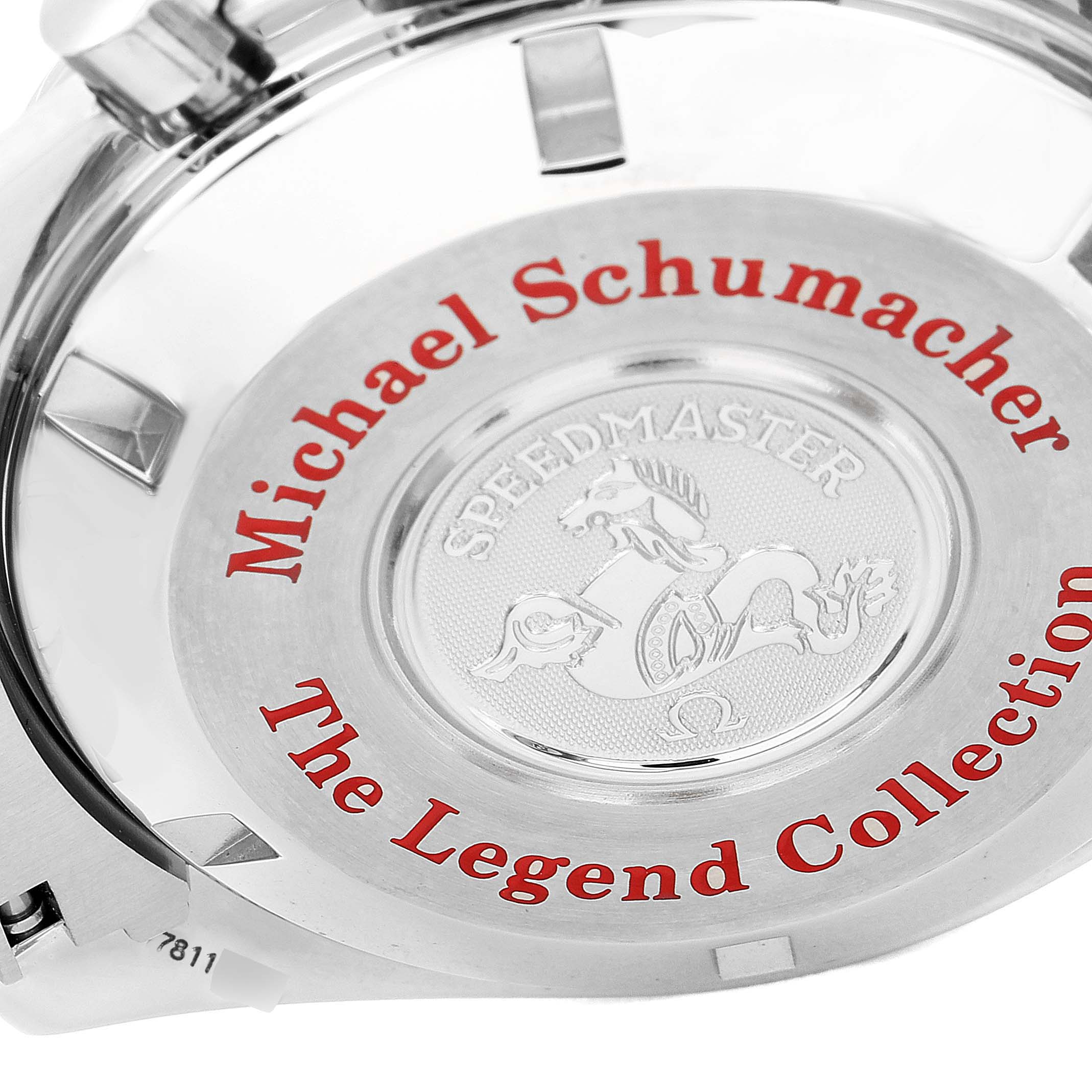The image shows the back case of the Omega Speedmaster 3506.61.00 Men
s Stainless Steel Red Dial 3506.61.00 Men
s Stainless Steel Red Dial watch from "The Legend Collection."