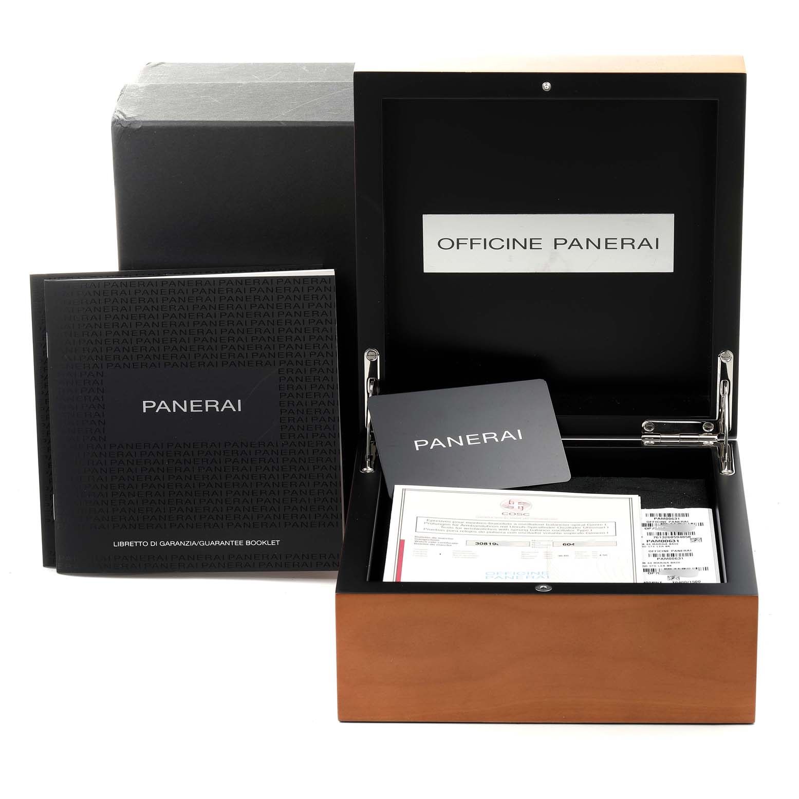 The image shows the open box and accessories, including the booklet and warranty card, for a Panerai Luminor PAM00631 Men's Stainless Steel Black Dial PAM00631 Men's Stainless Steel Black Dial watch.