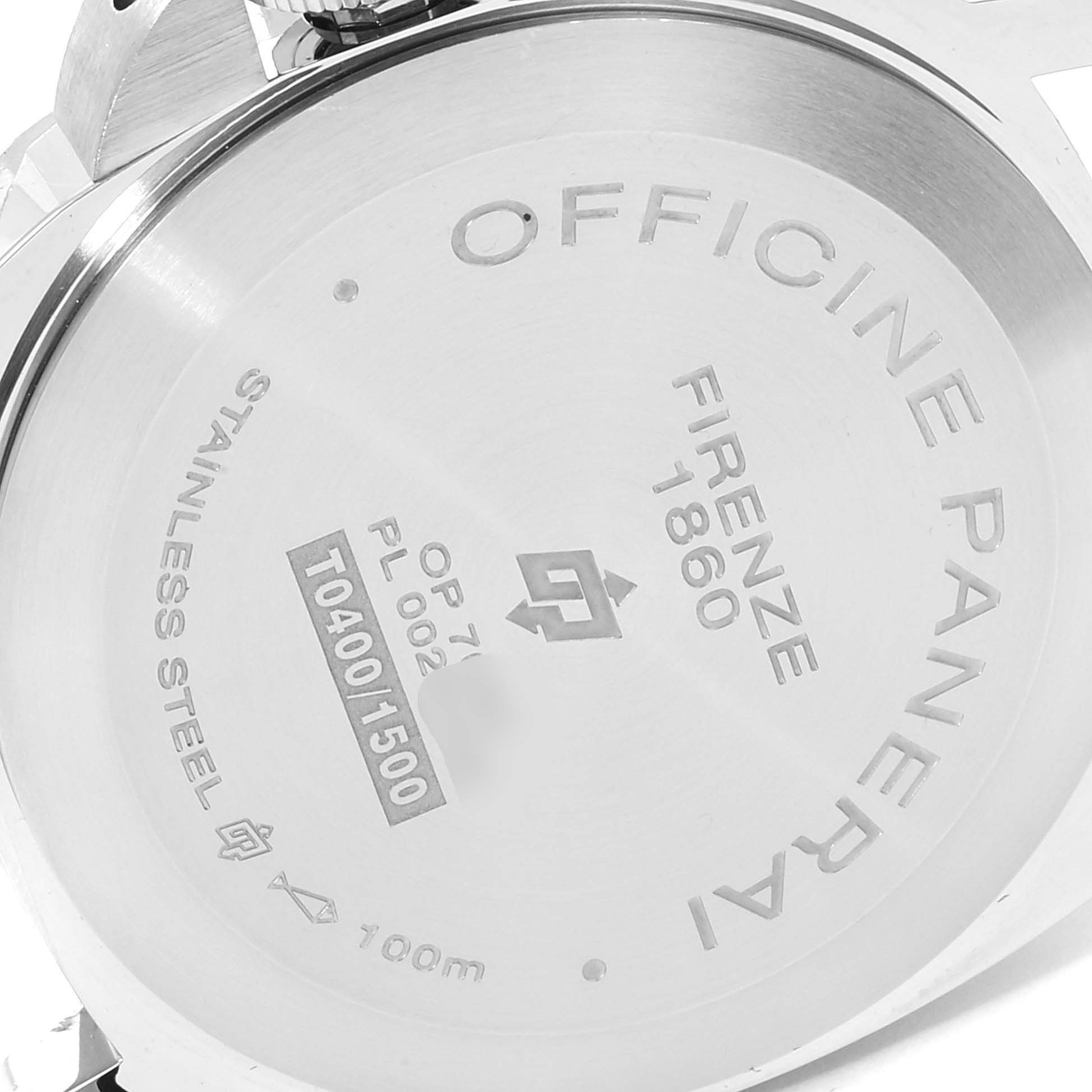 The image shows the back case of a Panerai Luminor PAM00631 Men's Stainless Steel Black Dial PAM00631 Men's Stainless Steel Black Dial watch, highlighting the engraved details and the crown guard.