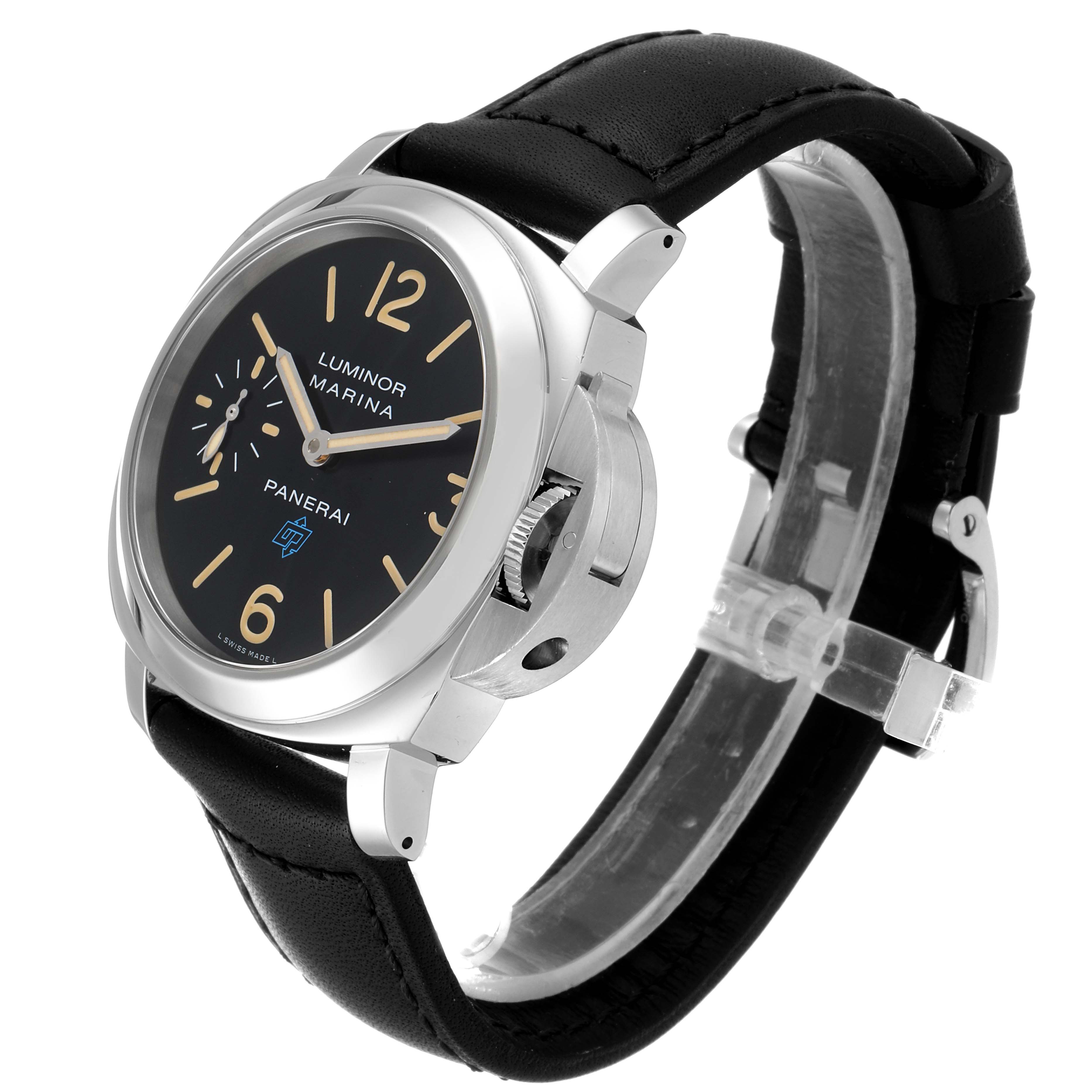 The image shows a side and angled view of a Panerai Luminor PAM00631 Men's Stainless Steel Black Dial PAM00631 Men's Stainless Steel Black Dial Marina watch, highlighting the black dial, case, and leather strap.