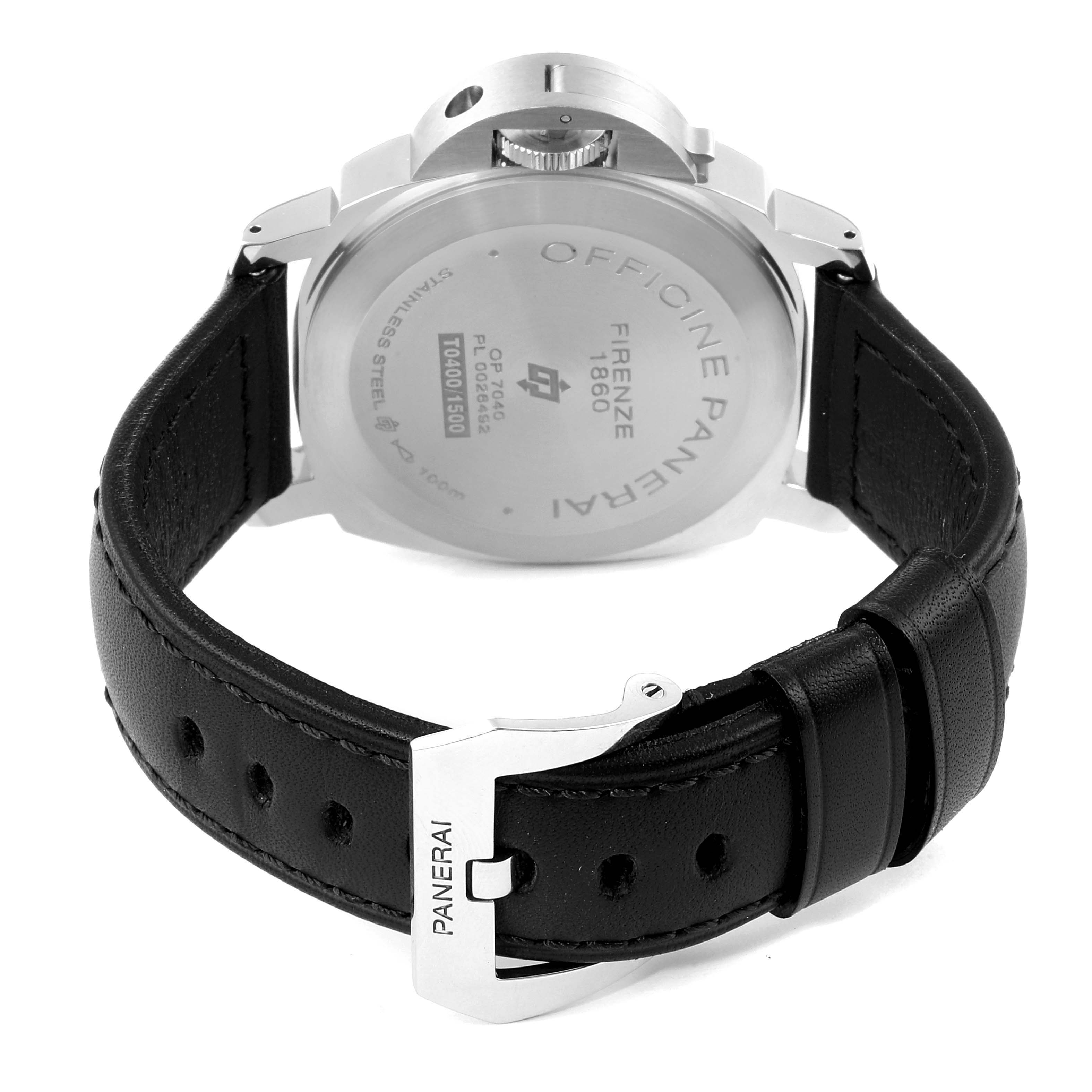 The image shows the back view of a Panerai Luminor PAM00631 Men's Stainless Steel Black Dial PAM00631 Men's Stainless Steel Black Dial watch, highlighting the case back and black leather strap with a Panerai buckle.