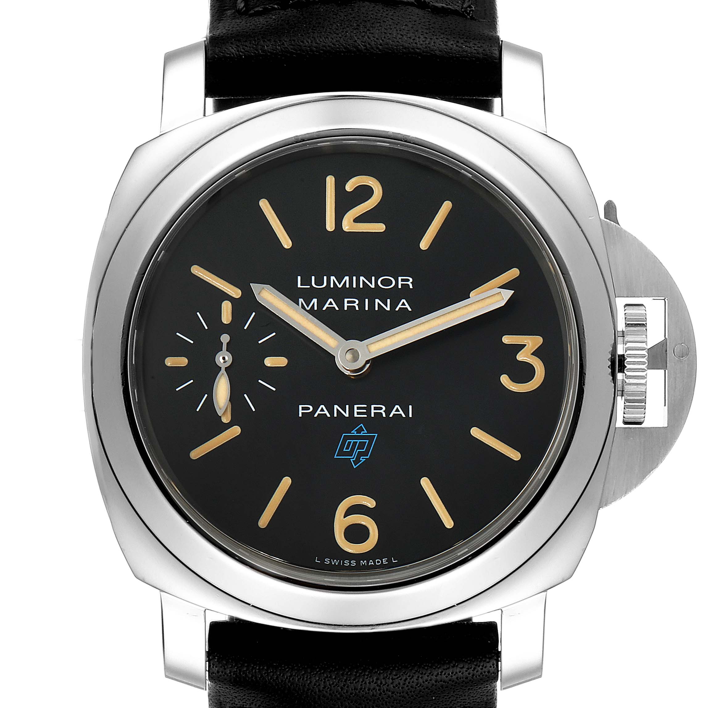 The image shows a front view of a Panerai Luminor PAM00631 Men's Stainless Steel Black Dial PAM00631 Men's Stainless Steel Black Dial Marina watch, displaying the dial, hands, and part of the leather strap.