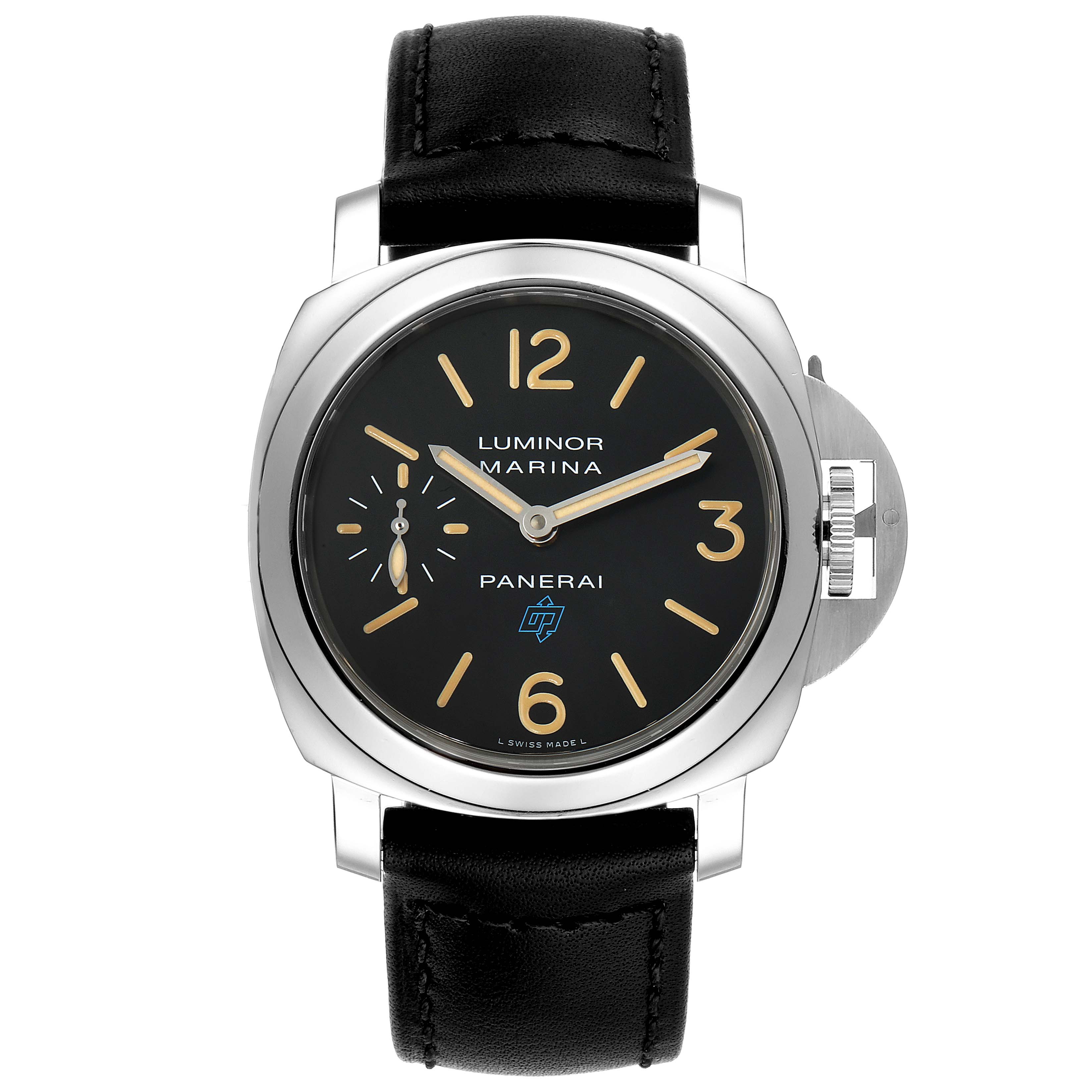 The Panerai Luminor PAM00631 Men's Stainless Steel Black Dial PAM00631 Men's Stainless Steel Black Dial watch is shown from a front angle, displaying its black dial, leather strap, and large crown guard.