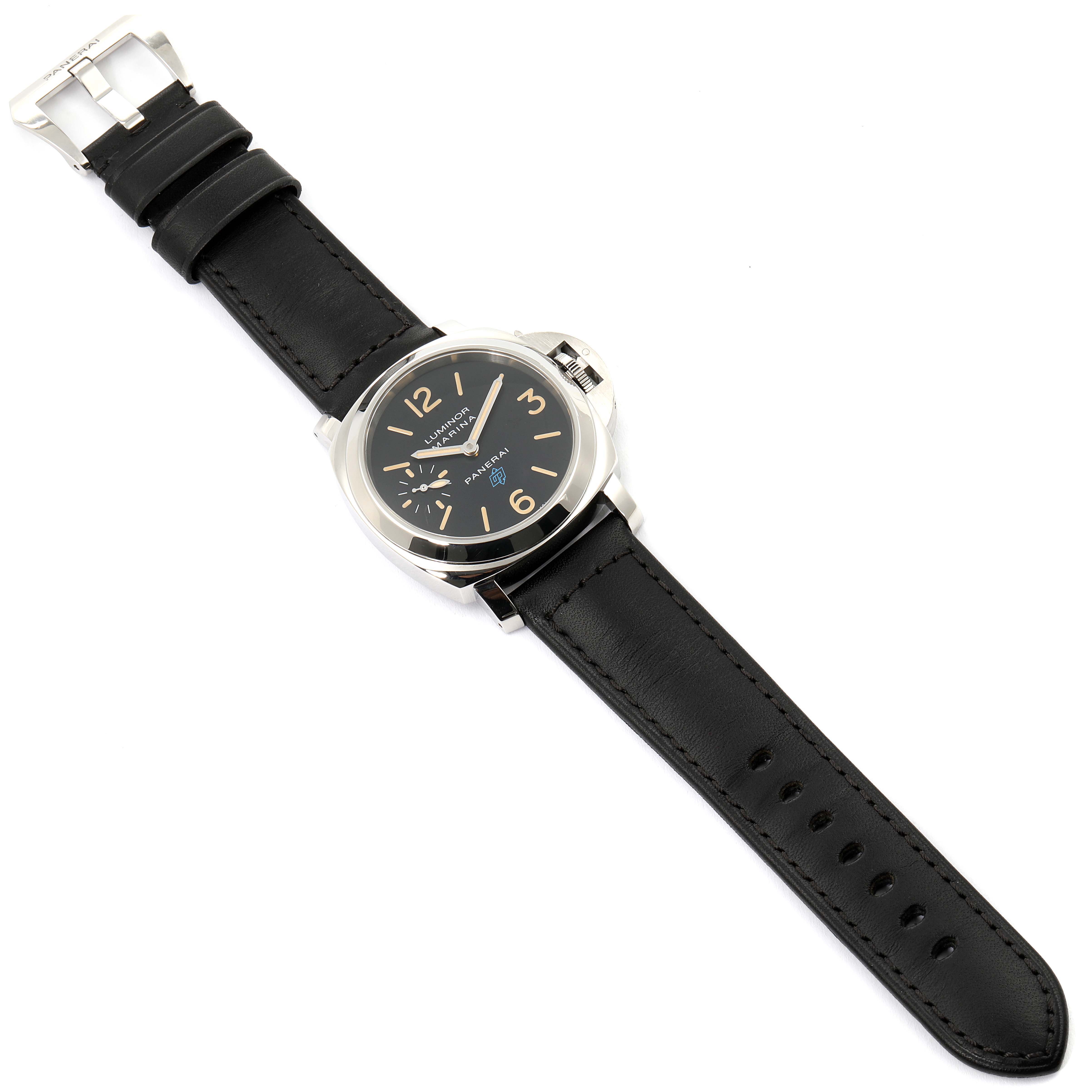 The image shows a top-down view of a Panerai Luminor PAM00631 Men's Stainless Steel Black Dial PAM00631 Men's Stainless Steel Black Dial watch with a black leather strap and a black dial.