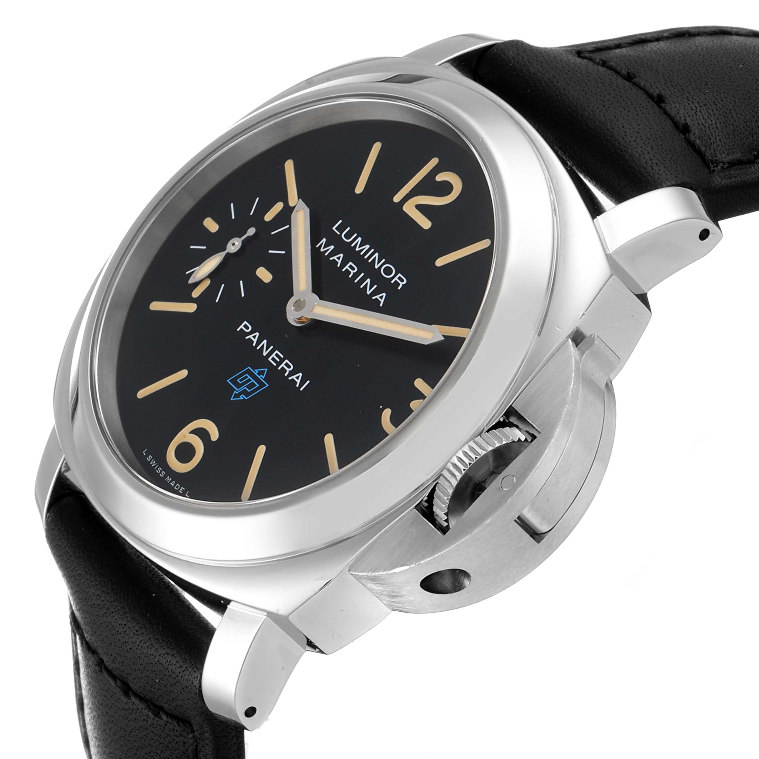 The Panerai Luminor PAM00631 Men's Stainless Steel Black Dial PAM00631 Men's Stainless Steel Black Dial watch is shown at an angle highlighting its face, crown guard, and part of the leather strap.