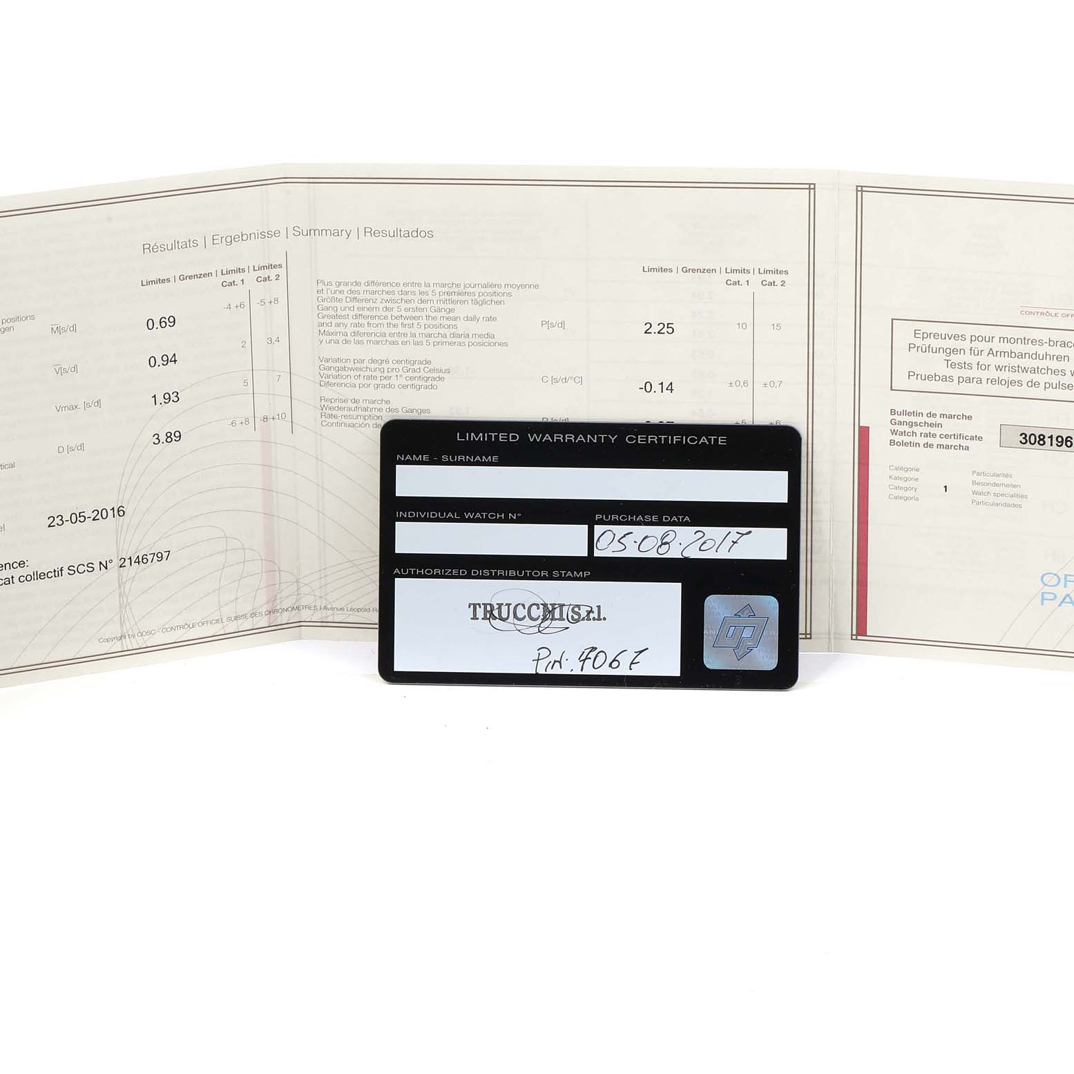 The image shows a limited warranty certificate and documentation for a Panerai Luminor PAM00631 Men's Stainless Steel Black Dial PAM00631 Men's Stainless Steel Black Dial watch, pictured from a front angle.