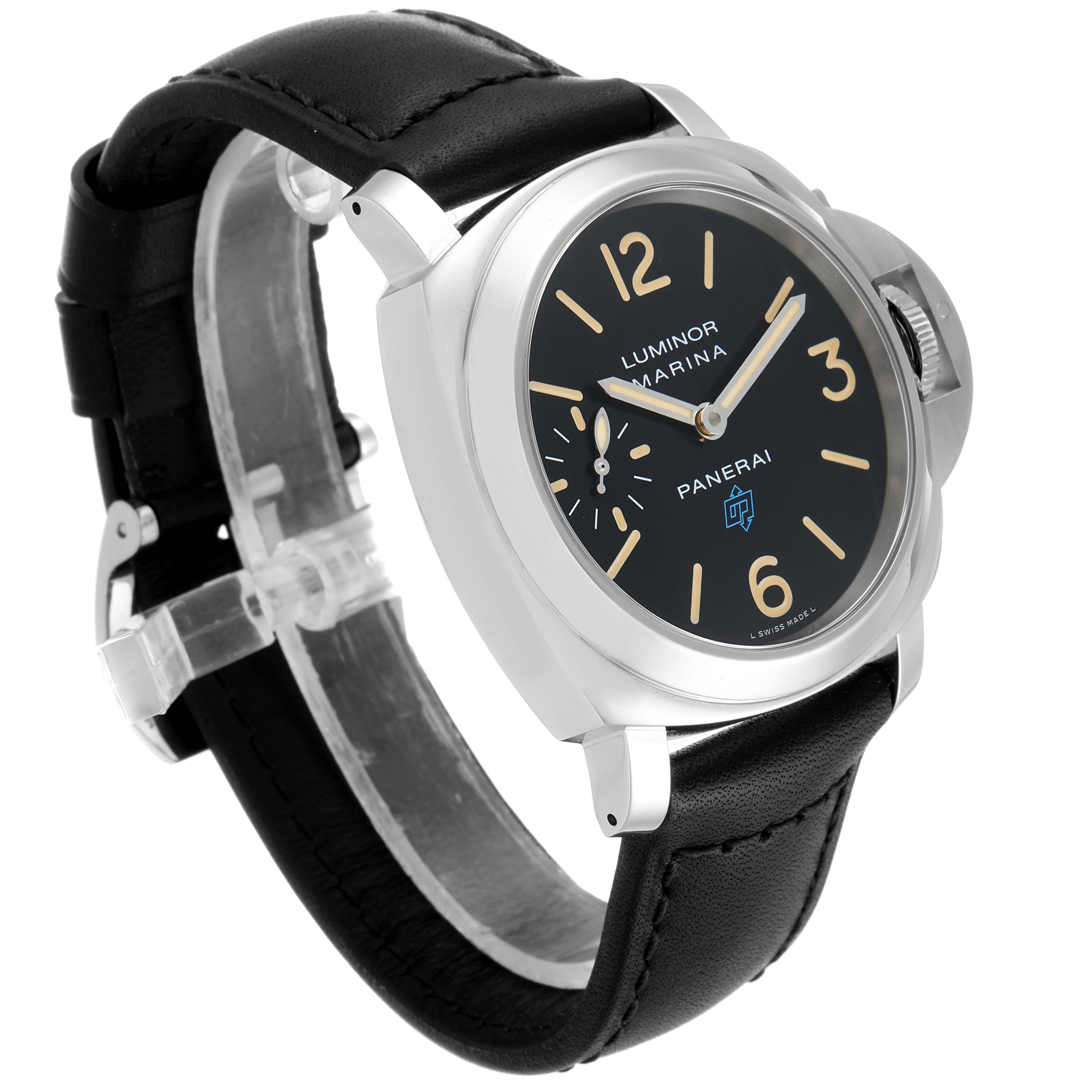 The image shows a Panerai Luminor PAM00631 Men's Stainless Steel Black Dial PAM00631 Men's Stainless Steel Black Dial watch at a slight angle showcasing its black dial, numerals, crown guard, and leather strap.