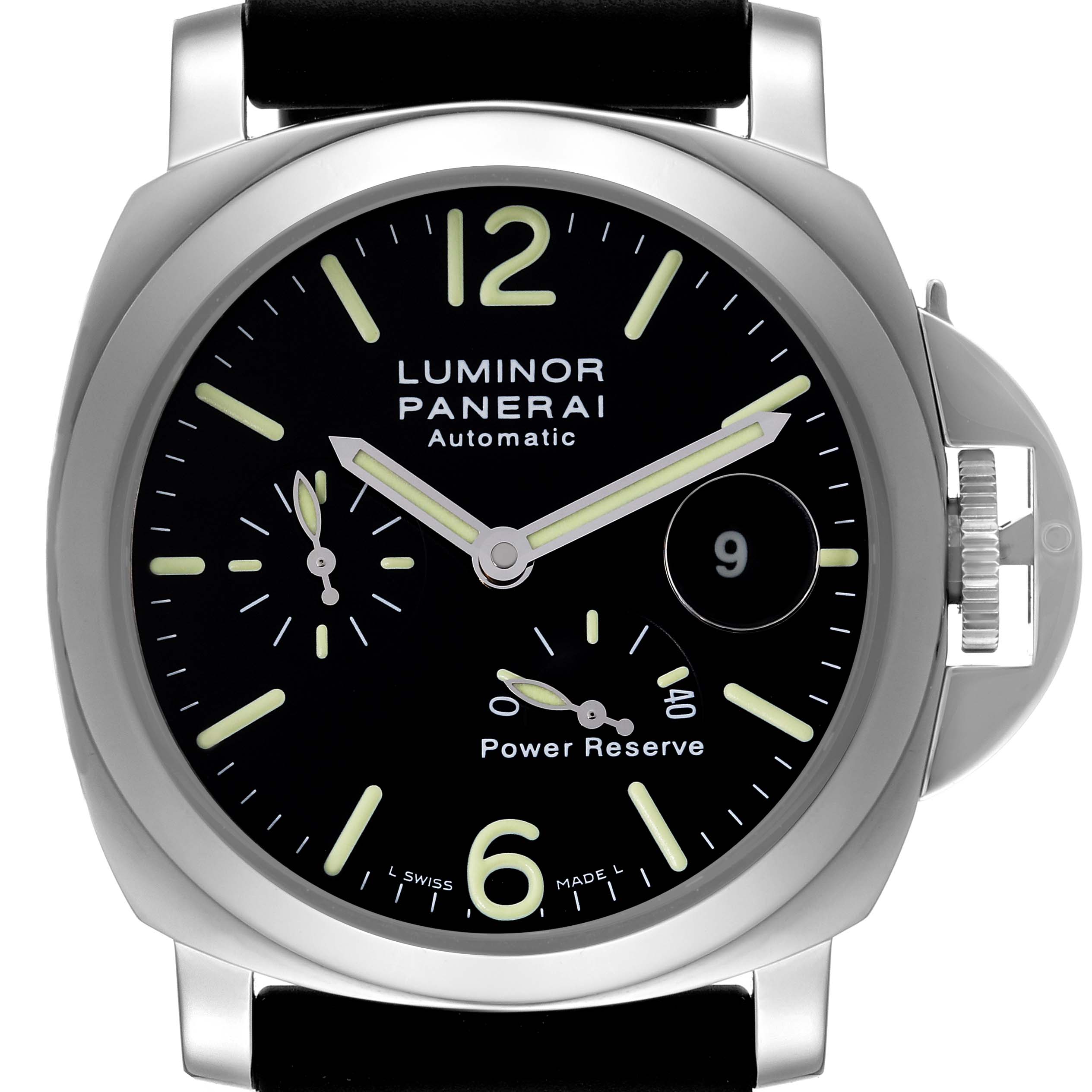 The image shows the front view of a Panerai Luminor PAM00090 Men's Stainless Steel Black Dial PAM00090 Men's Stainless Steel Black Dial Automatic watch, highlighting its dial, hands, and crown guard.