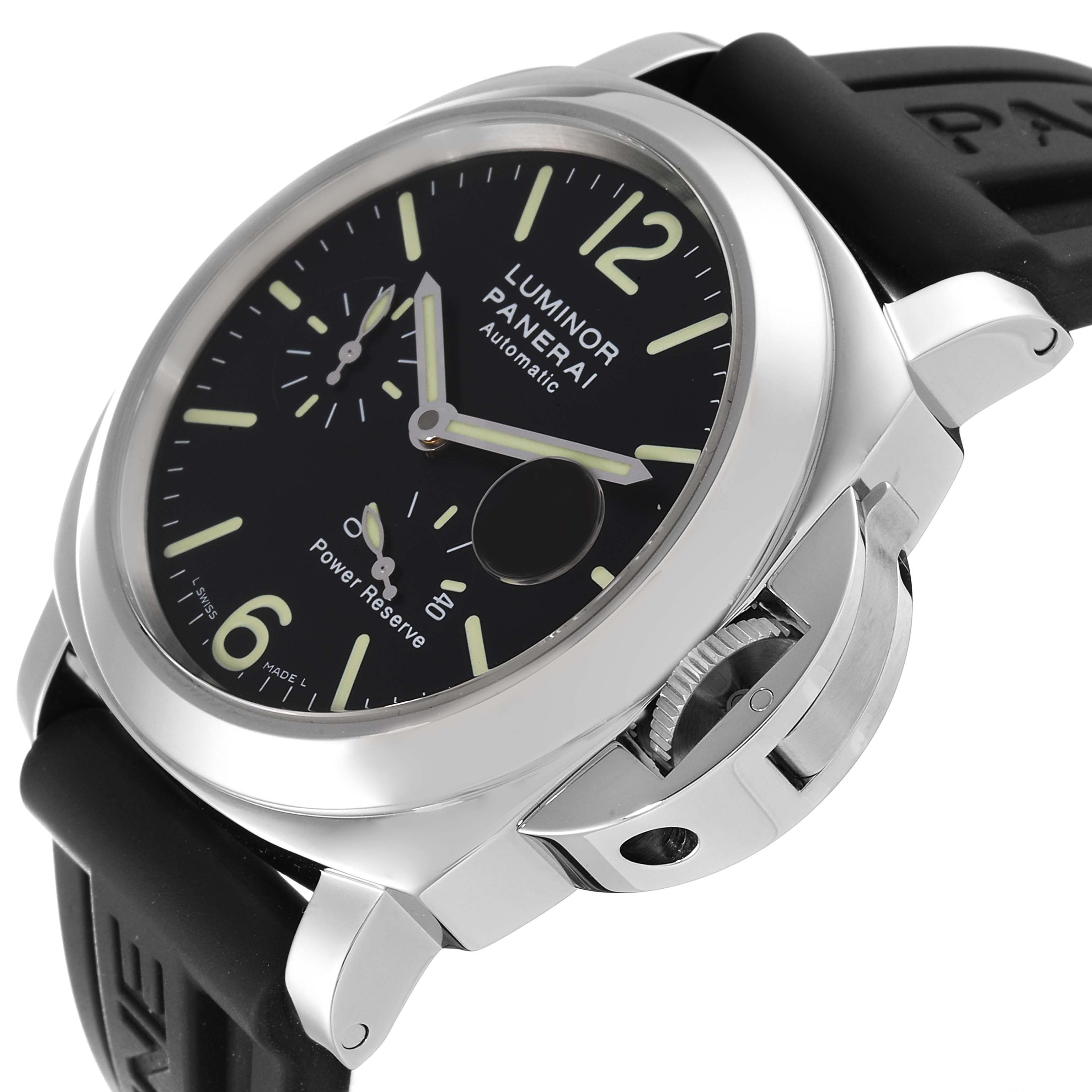 This image shows a Panerai Luminor PAM00090 Men's Stainless Steel Black Dial PAM00090 Men's Stainless Steel Black Dial watch at a three-quarter angle, highlighting the face, crown guard, and rubber strap.