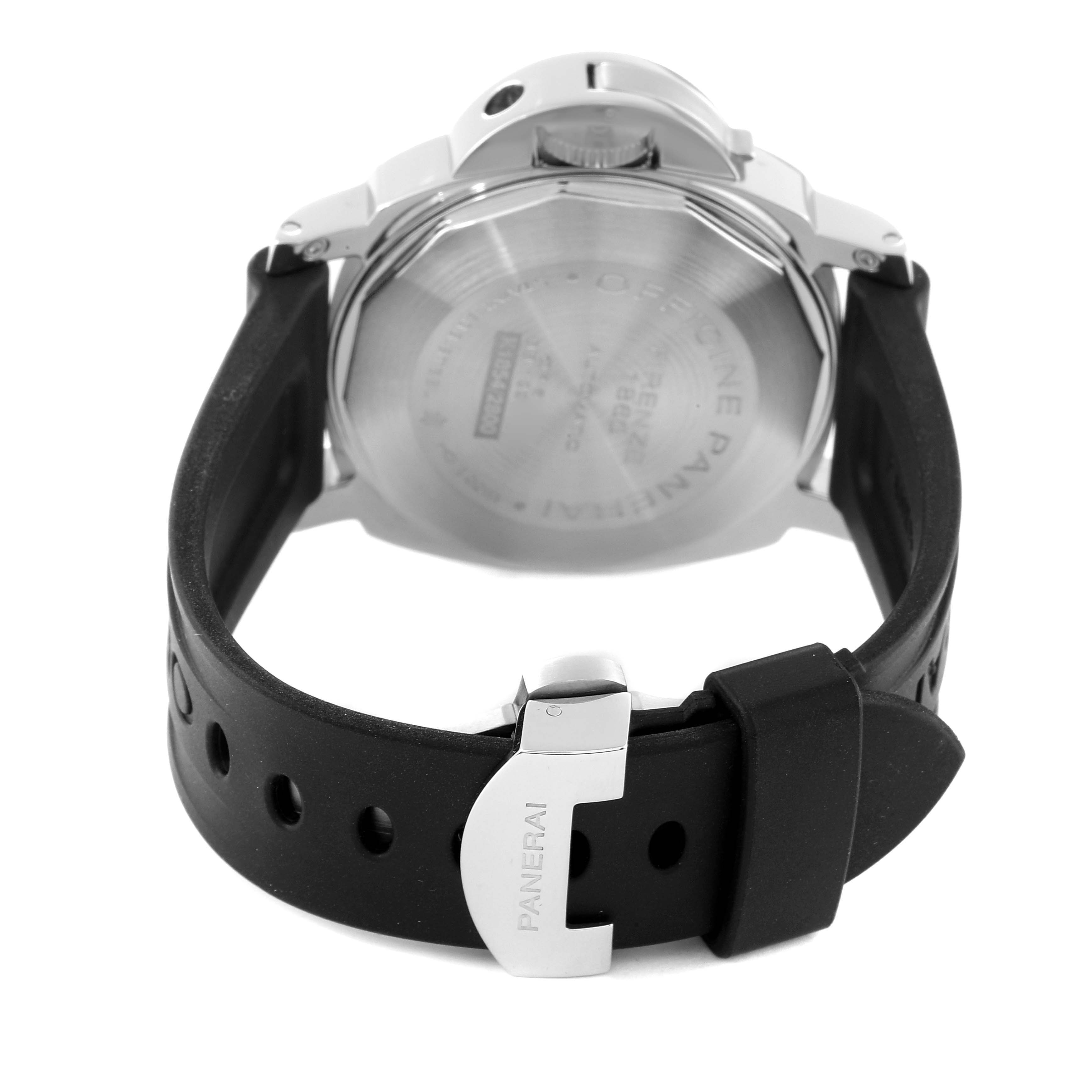 The image shows the back view of a Panerai Luminor PAM00090 Men's Stainless Steel Black Dial PAM00090 Men's Stainless Steel Black Dial watch, highlighting the case back, strap, and branded buckle.