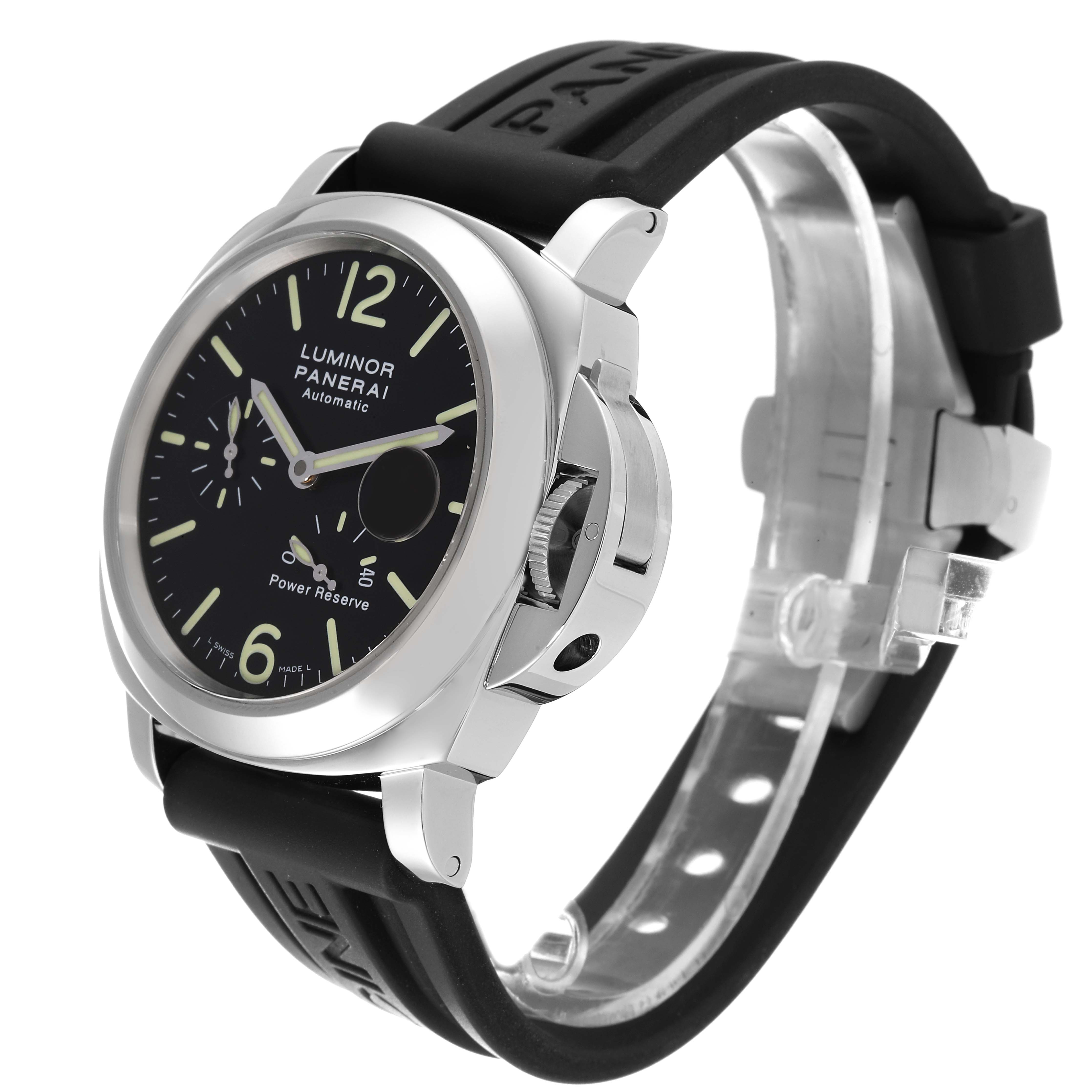 The image shows a Panerai Luminor PAM00090 Men's Stainless Steel Black Dial PAM00090 Men's Stainless Steel Black Dial watch at an angled side view, highlighting the dial, case, and rubber strap.