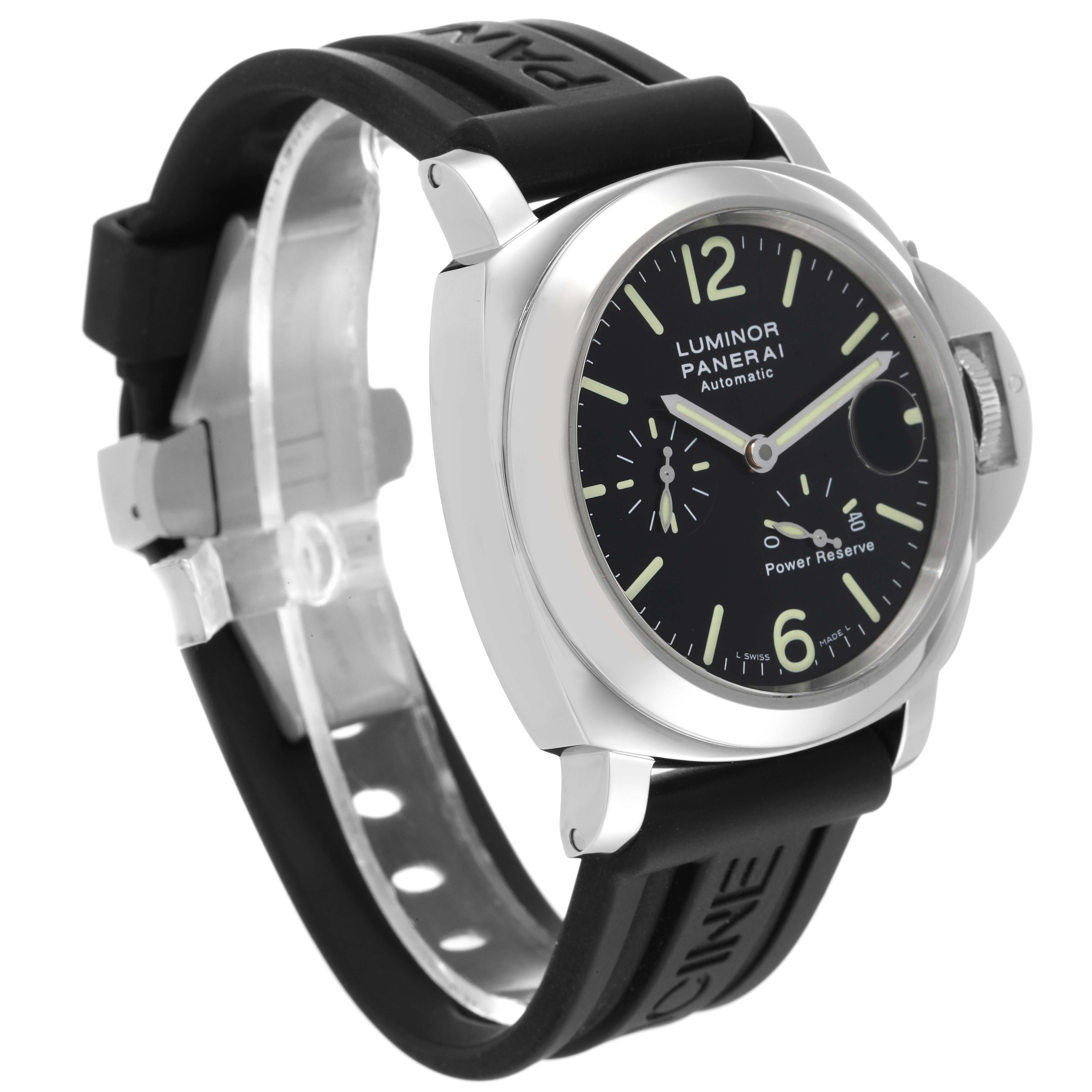 The image shows a side-angle view of a Panerai Luminor PAM00090 Men's Stainless Steel Black Dial PAM00090 Men's Stainless Steel Black Dial watch, highlighting the watch face, case, and black strap.