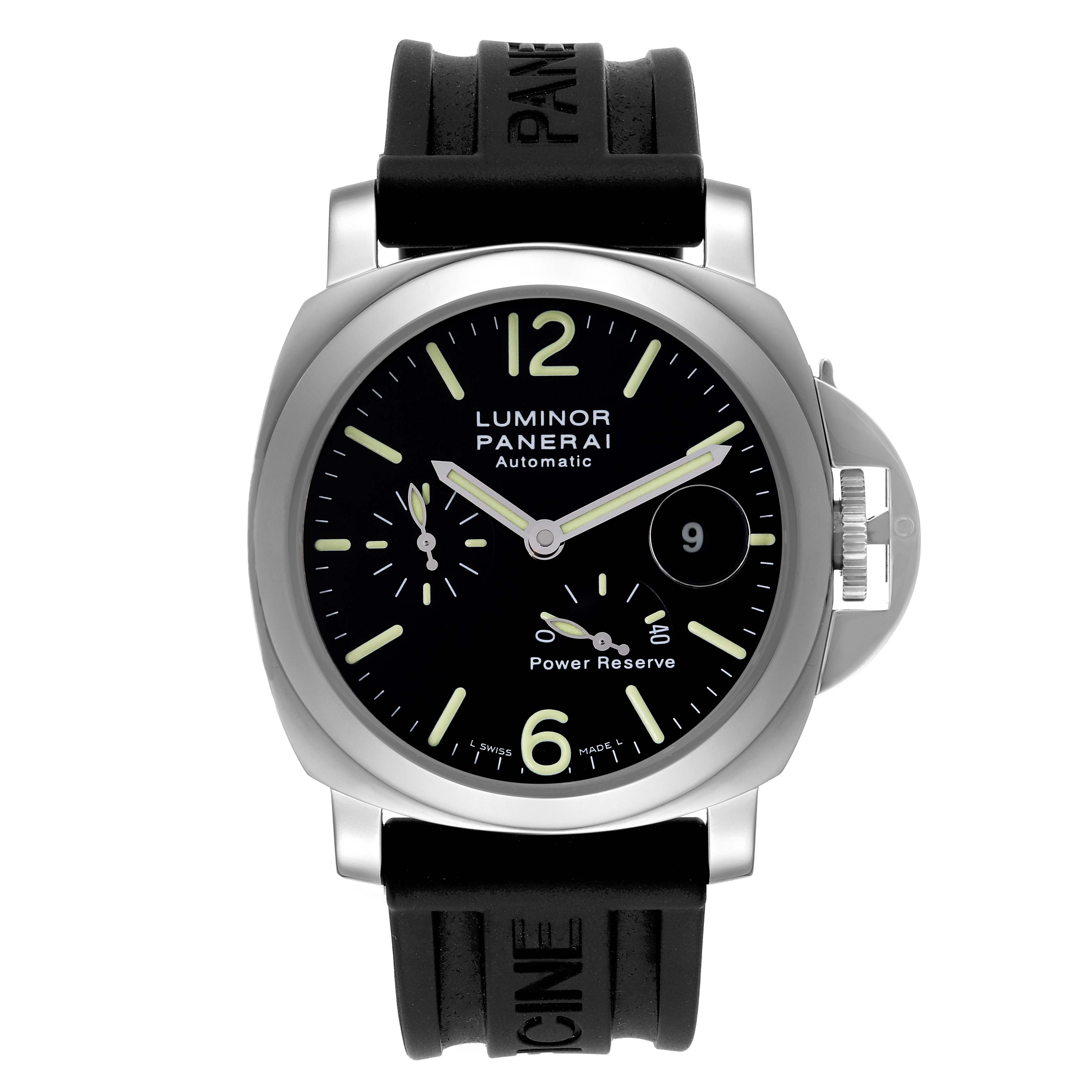 This image shows a front view of a Panerai Luminor PAM00090 Men's Stainless Steel Black Dial PAM00090 Men's Stainless Steel Black Dial watch featuring its dial, bezel, crown protector, and rubber strap.