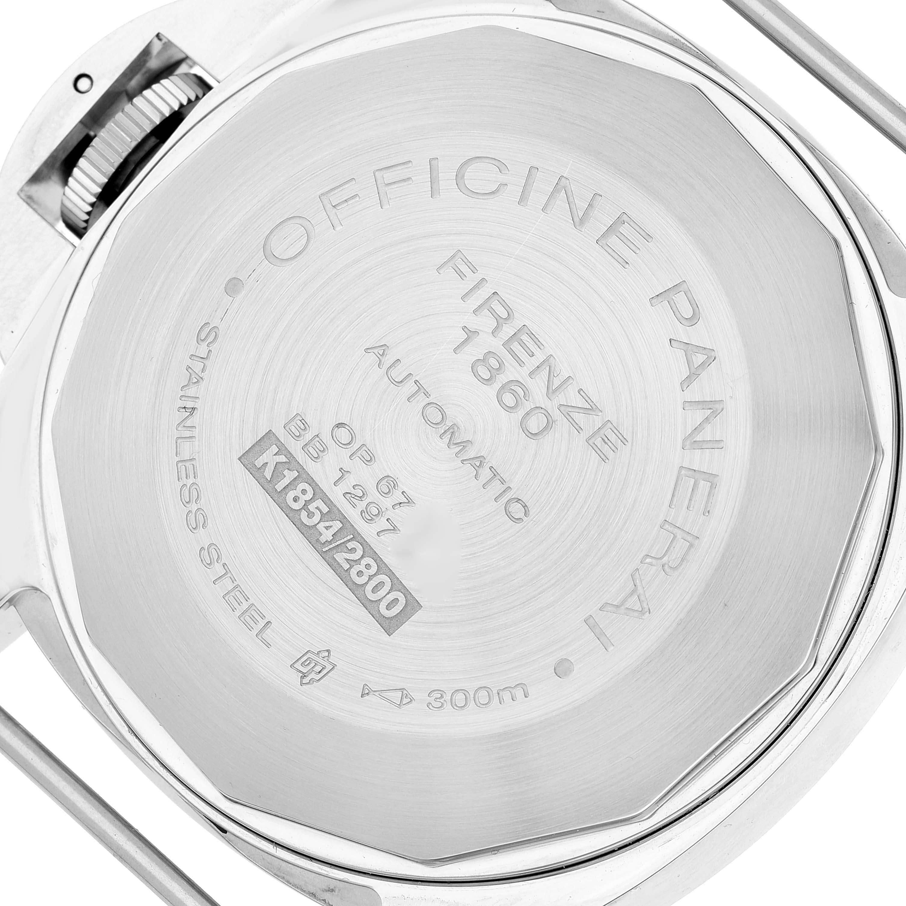 This image shows the back case of a Panerai Luminor PAM00090 Men's Stainless Steel Black Dial PAM00090 Men's Stainless Steel Black Dial watch, detailing model and water resistance information.