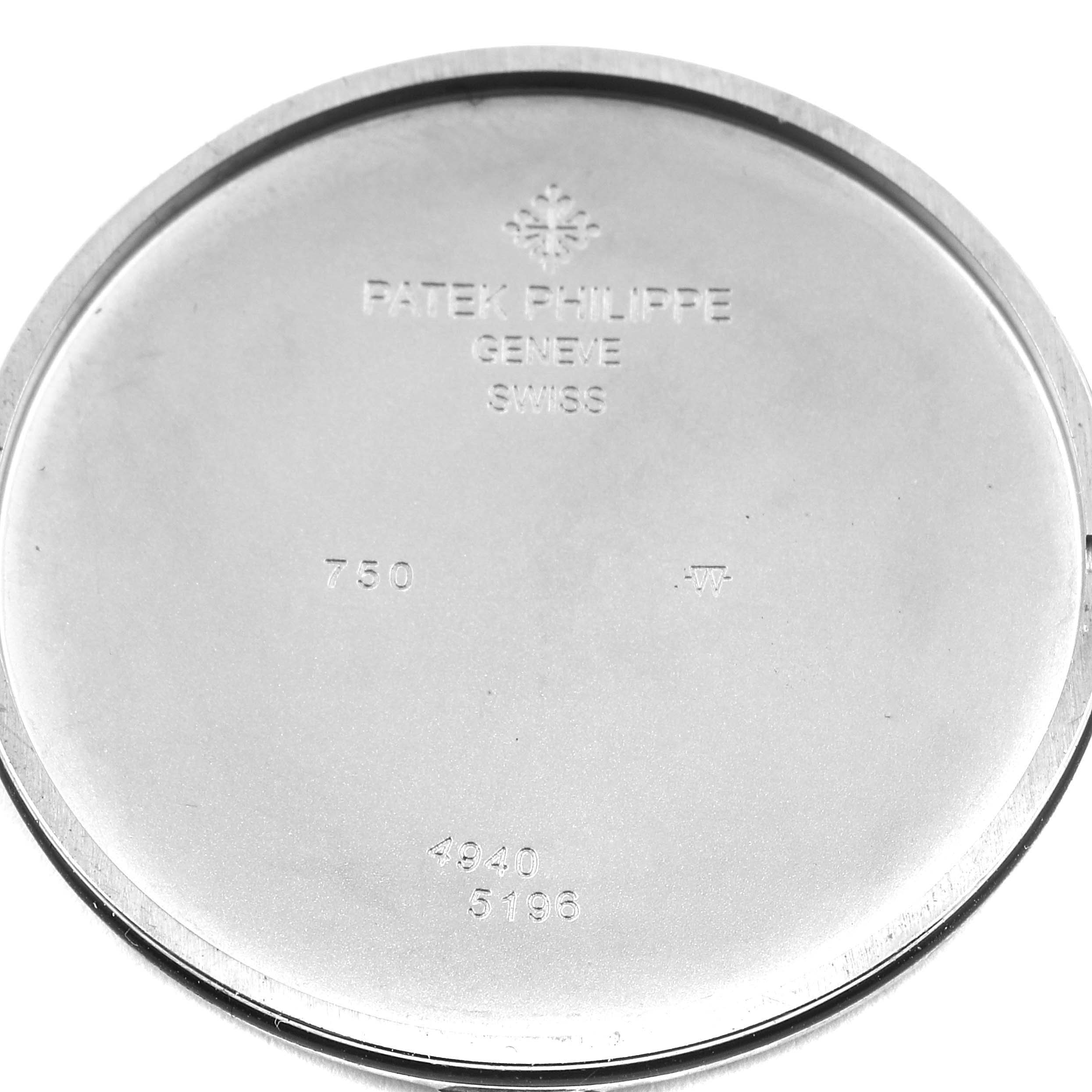 This image shows the case back of a Patek Philippe Calatrava 5196G Men's White Gold Silver Dial 5196G Men's White Gold Silver Dial watch, highlighting engraved model numbers and brand details.