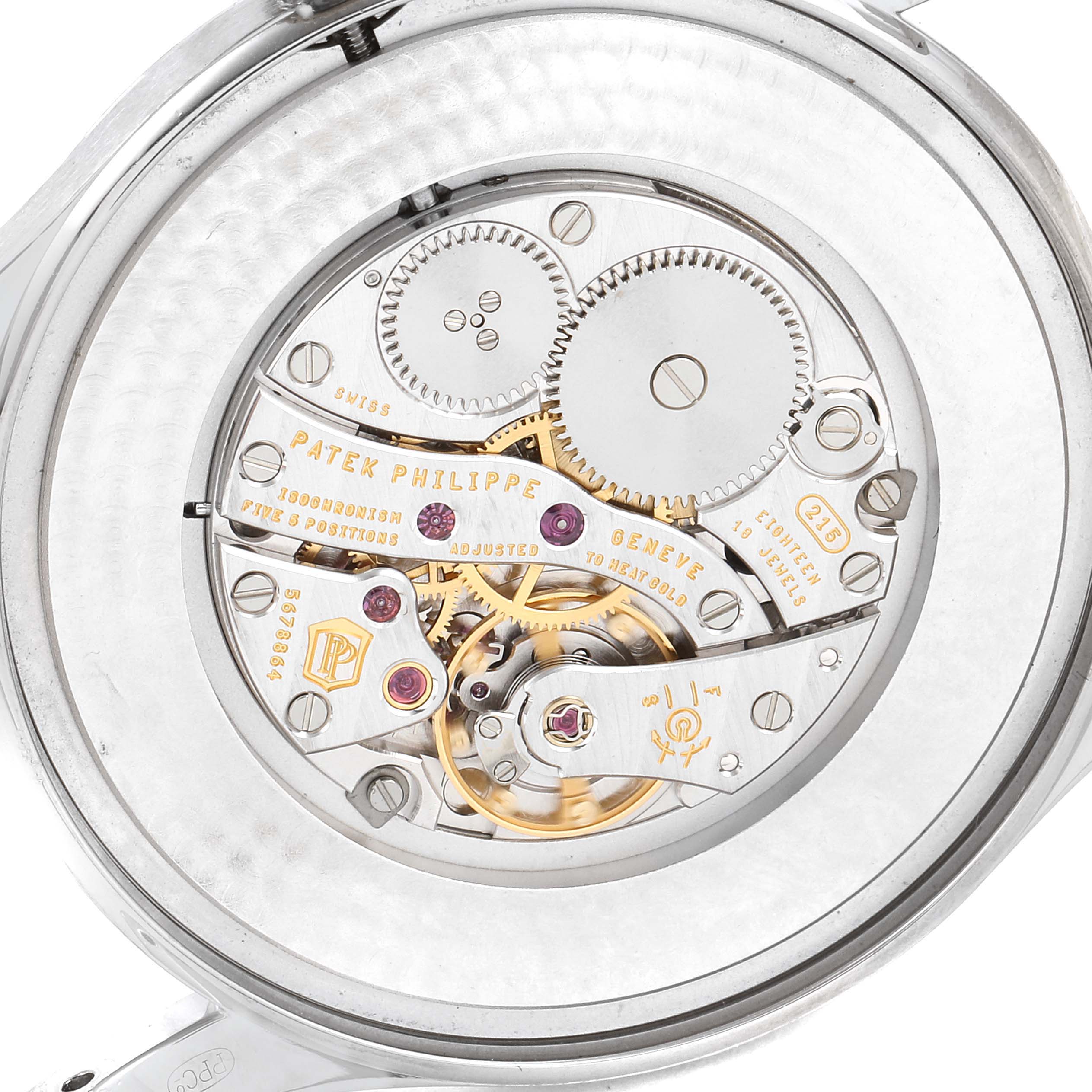 This image shows the intricate internal mechanism of the Patek Philippe Calatrava 5196G Men's White Gold Silver Dial 5196G Men's White Gold Silver Dial watch from a rear angle.
