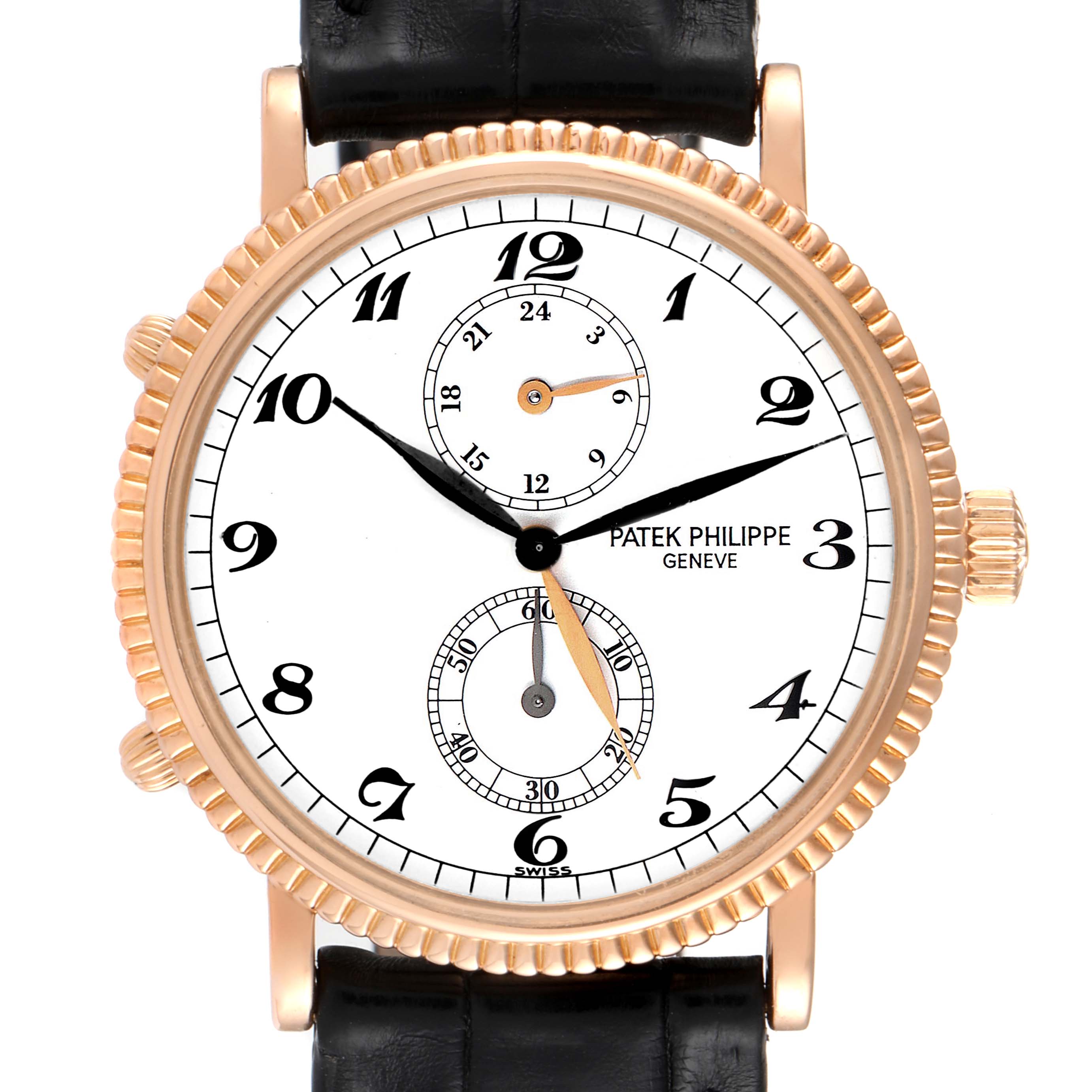 This image shows a front view of the Patek Philippe Calatrava 5034R Men
s Rose Gold White Dial 5034R Men
s Rose Gold White Dial watch, highlighting the dial, hands, and bezel.