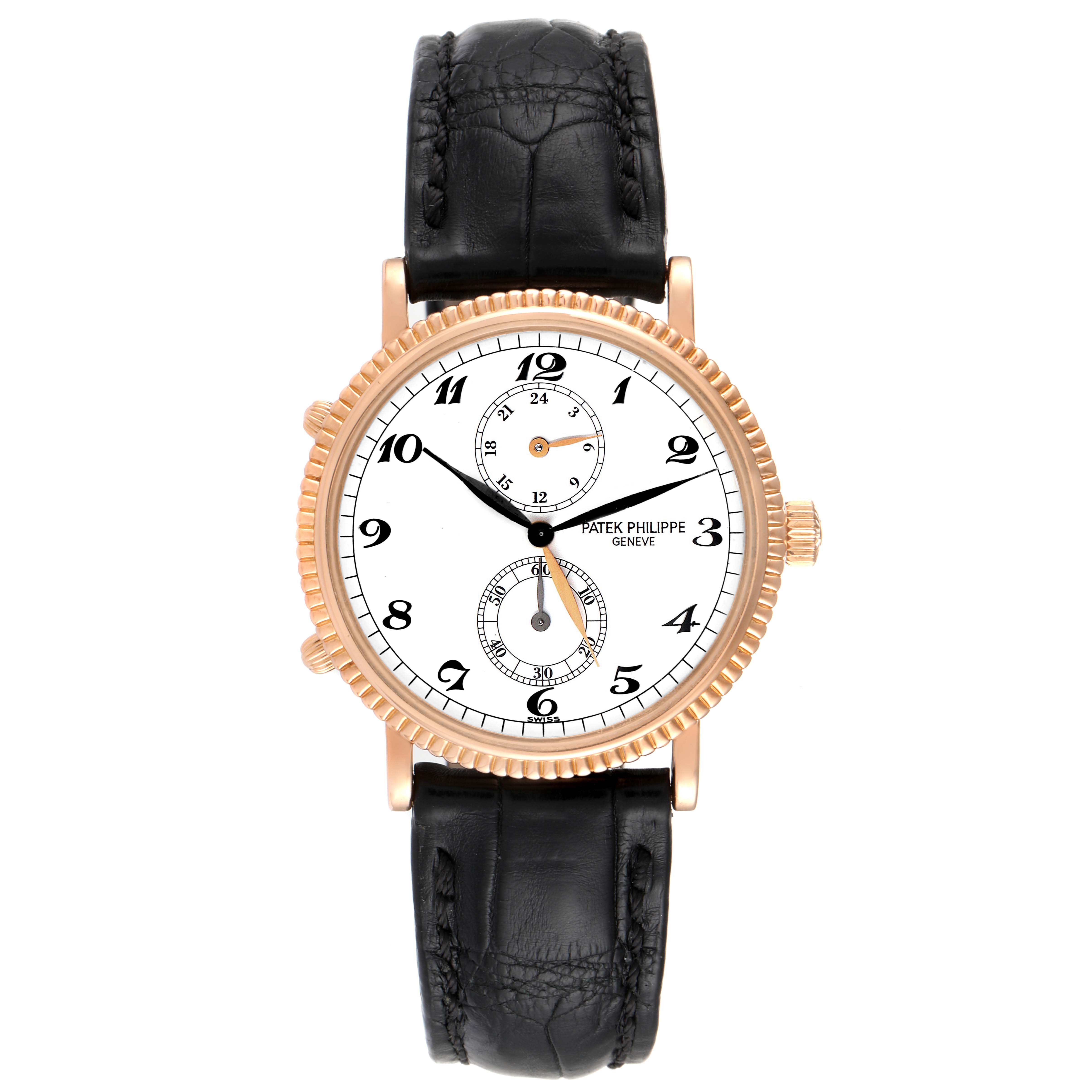 The image shows a front view of a Patek Philippe Calatrava 5034R Men
s Rose Gold White Dial 5034R Men
s Rose Gold White Dial watch with a white dial and black leather strap.