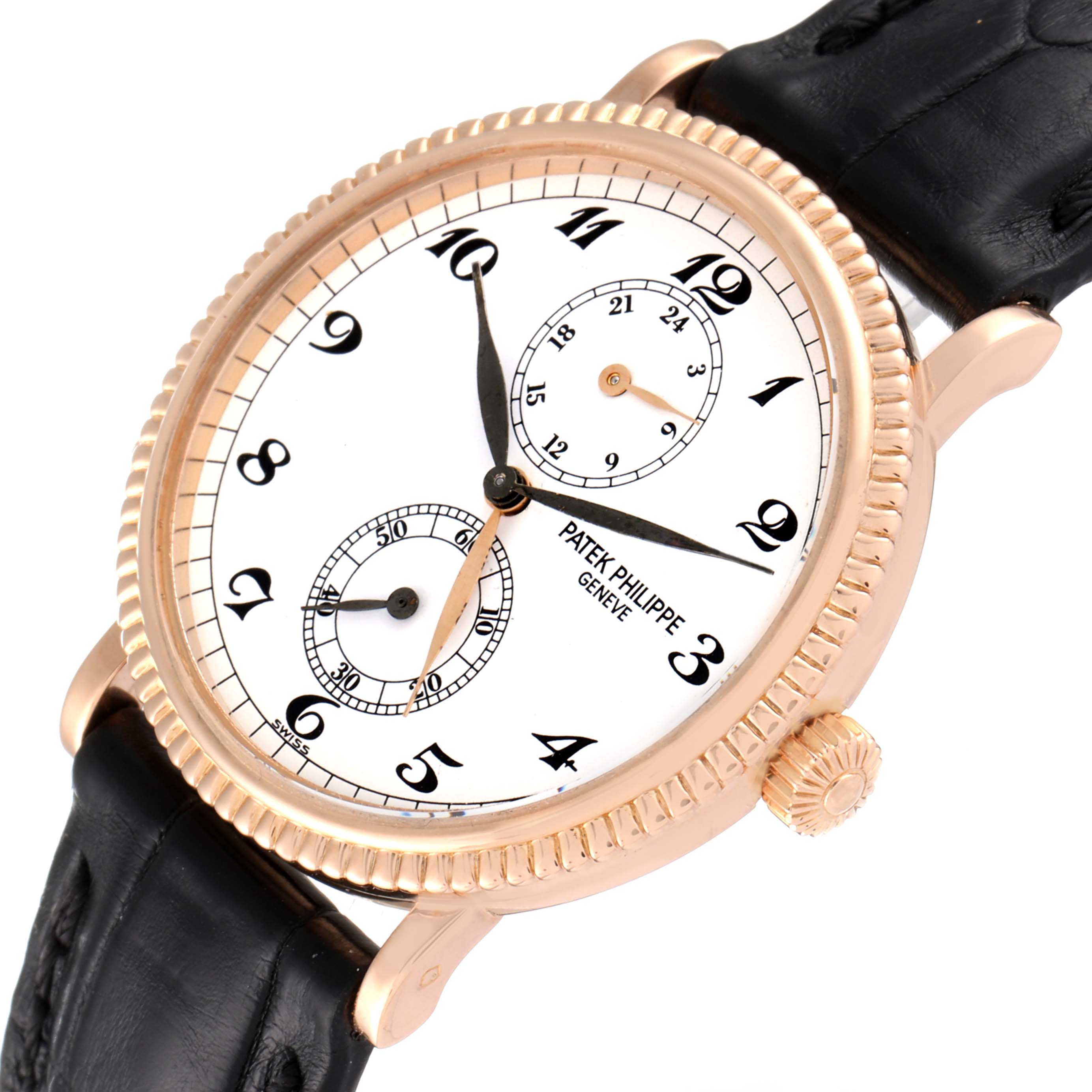 This image shows a Patek Philippe Calatrava 5034R Men
s Rose Gold White Dial 5034R Men
s Rose Gold White Dial watch at an angled view, highlighting the dial, hands, case, and strap.