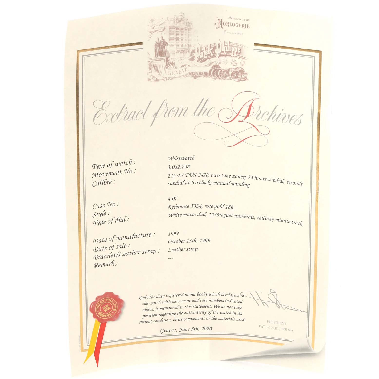 The image shows an official document from Patek Philippe describing a Calatrava model wristwatch, including details like movement number, calibre, and strap.