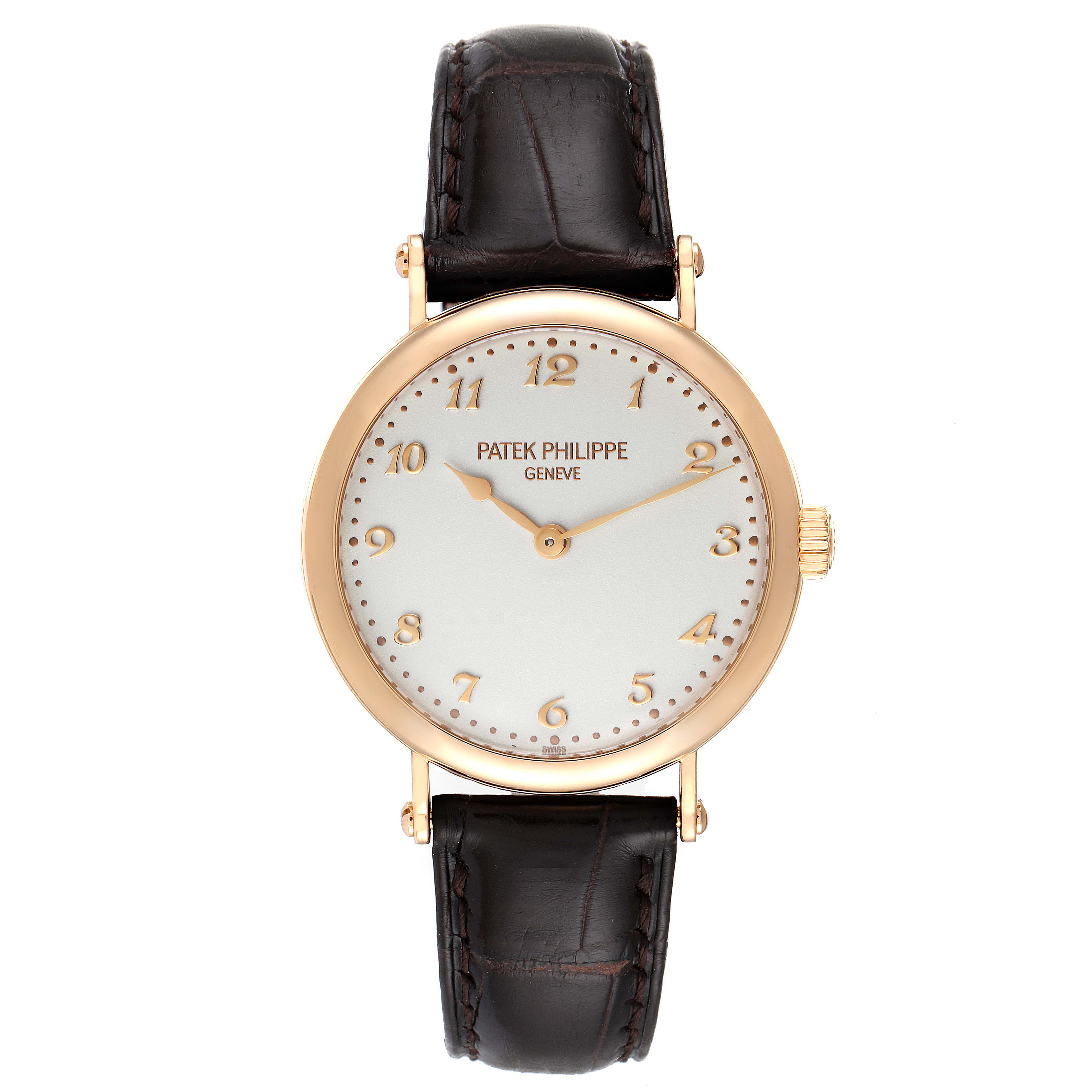 This image shows a front view of a Patek Philippe Calatrava 7200R Men
s Rose Gold Silver Dial 7200R Men
s Rose Gold Silver Dial watch, featuring the dial, strap, and crown.