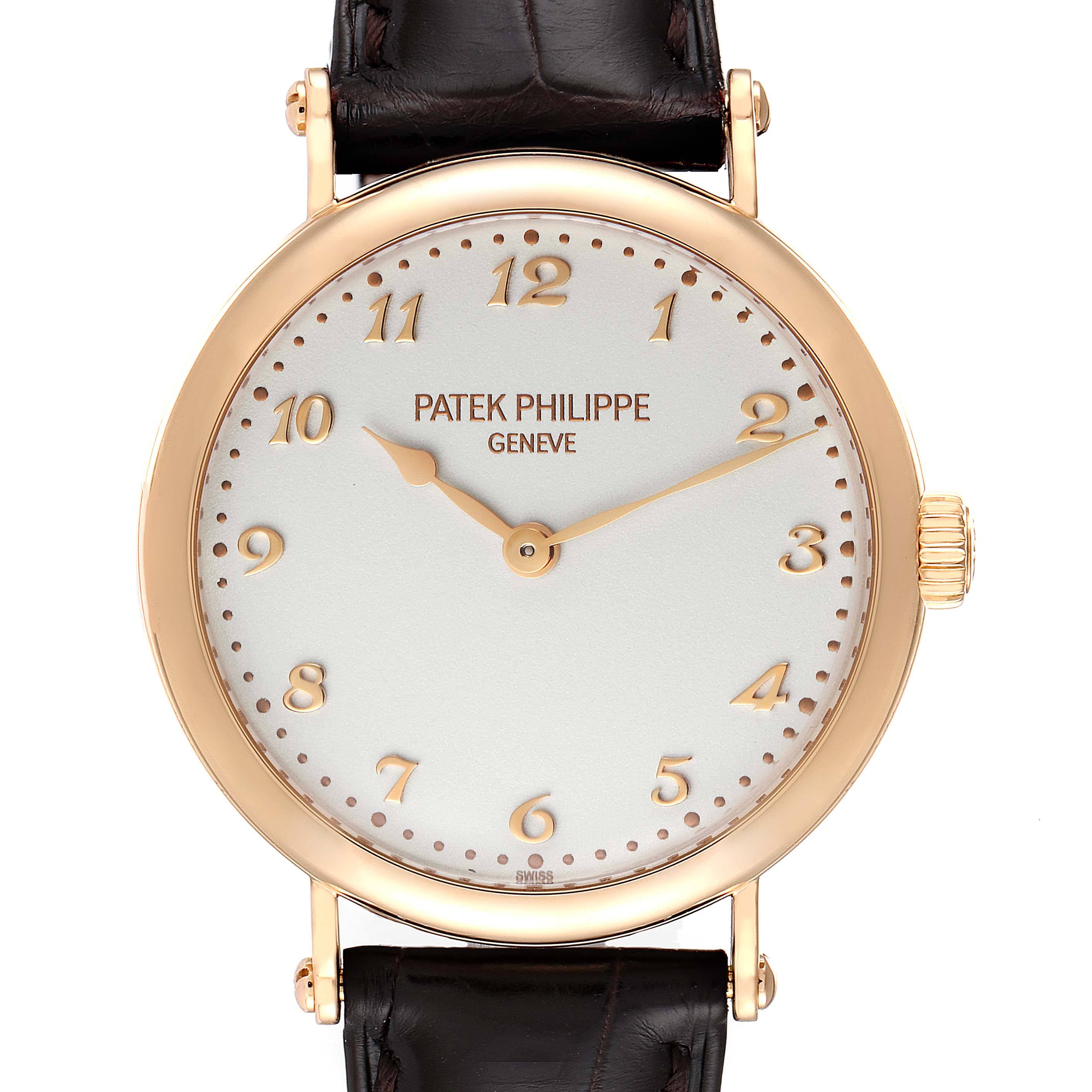 The image shows a front view of the Patek Philippe Calatrava 7200R Men
s Rose Gold Silver Dial 7200R Men
s Rose Gold Silver Dial watch, highlighting its dial, hands, and crown.