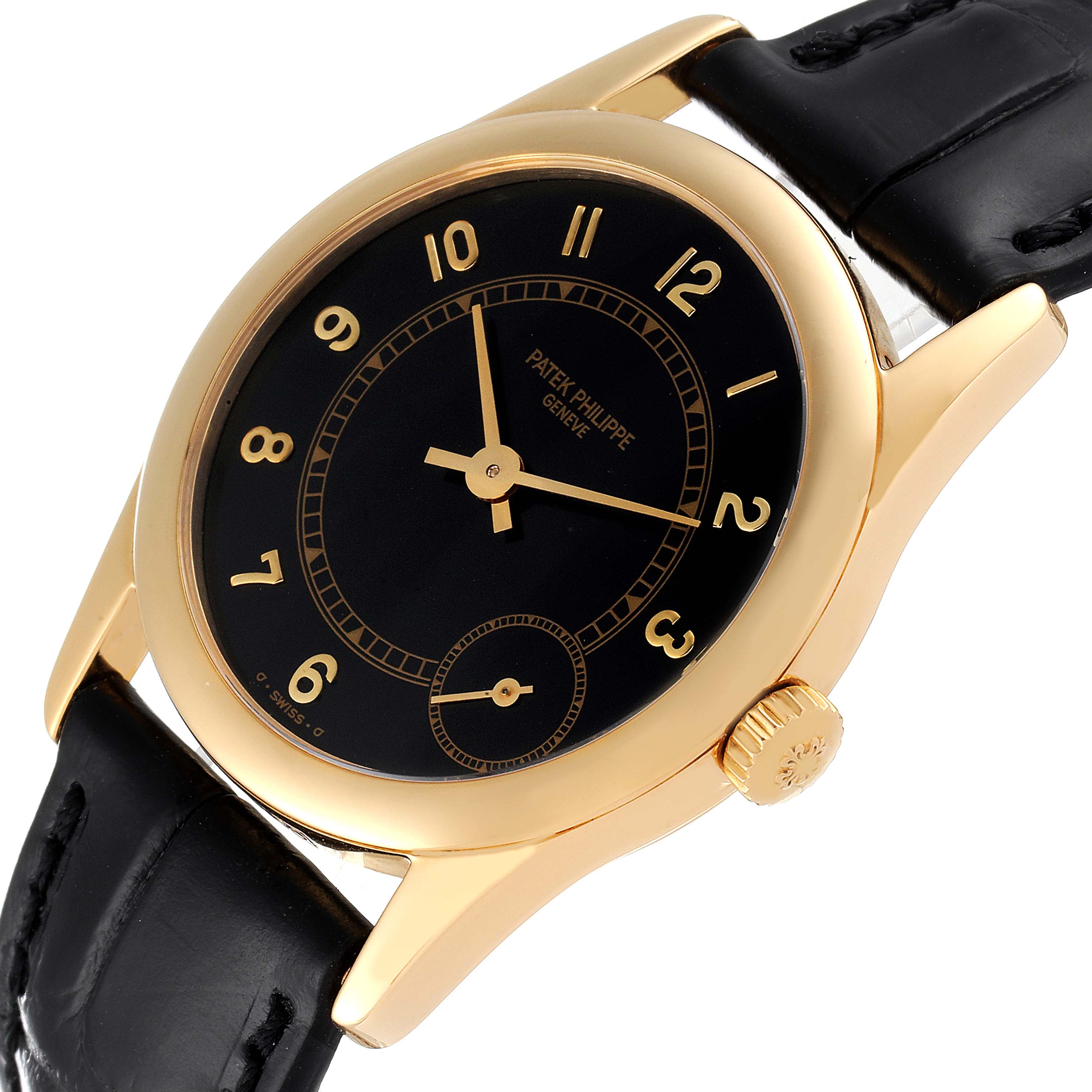This image shows a Patek Philippe Calatrava 5000J Women's Yellow Gold Black Dial 5000J Women's Yellow Gold Black Dial watch at an angle highlighting its black dial, gold case, and black leather strap.