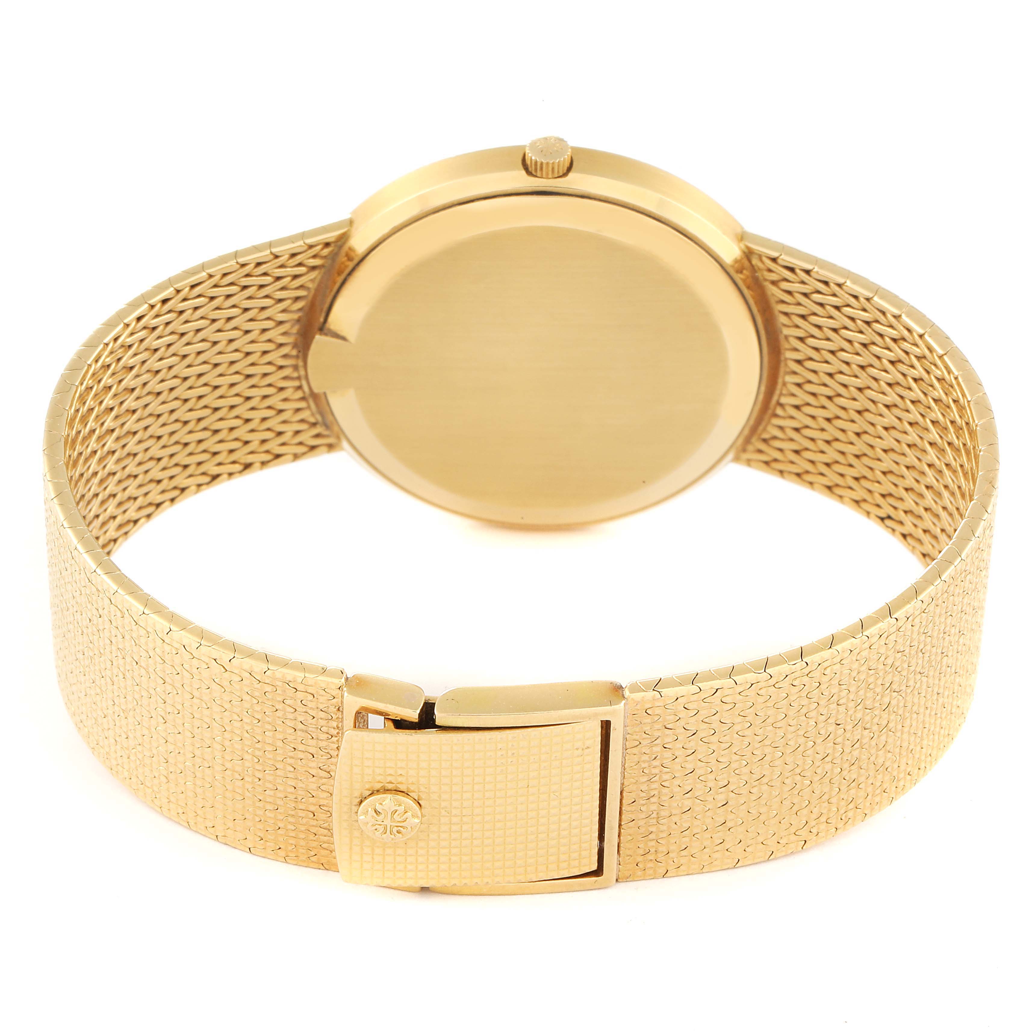 This image shows the back and clasp of a Vintage Patek Philippe watch from a rear angle.
