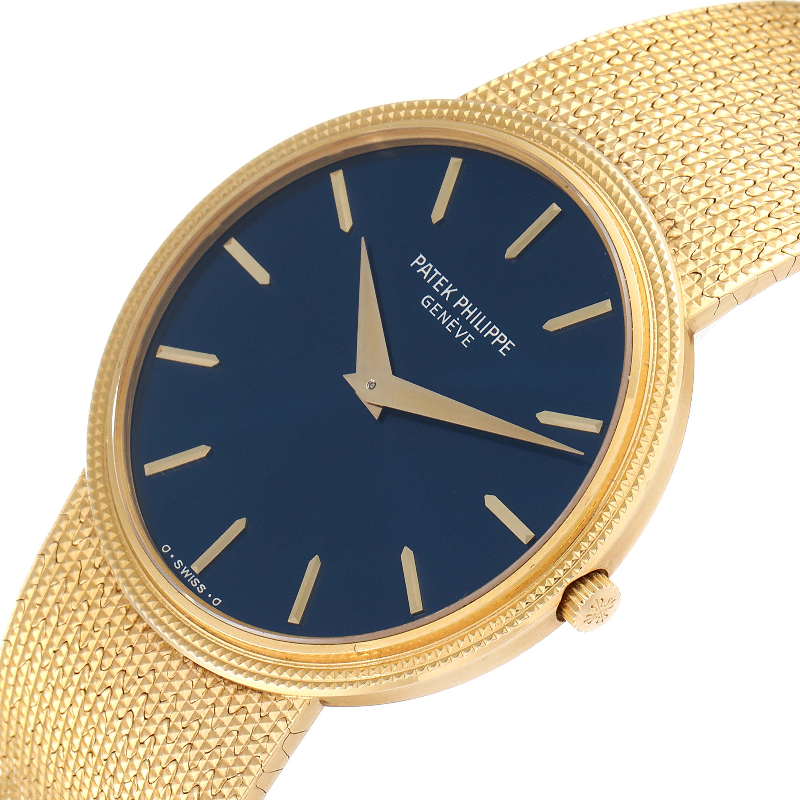 The image shows a close-up, angled view of the dial and crown of a Vintage Patek Philippe watch.