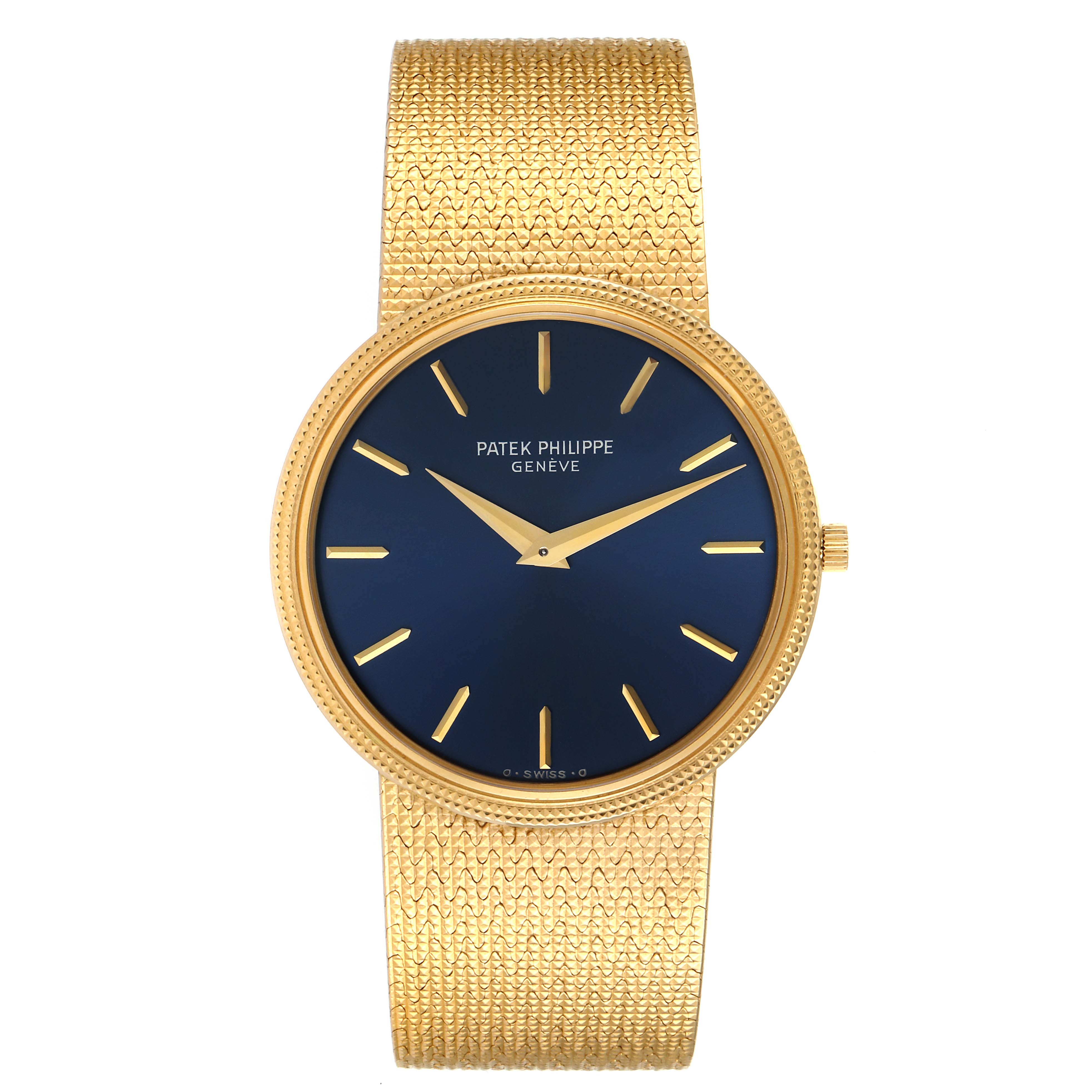 This image shows a front view of a Vintage Patek Philippe watch, featuring a gold band and a blue dial.