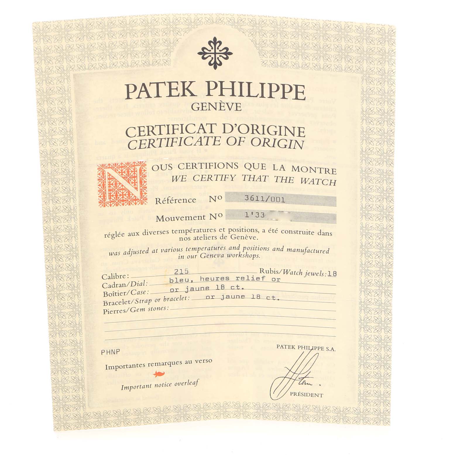 The image shows a Certificate of Origin for a Vintage Patek Philippe watch, displaying reference and movement numbers.