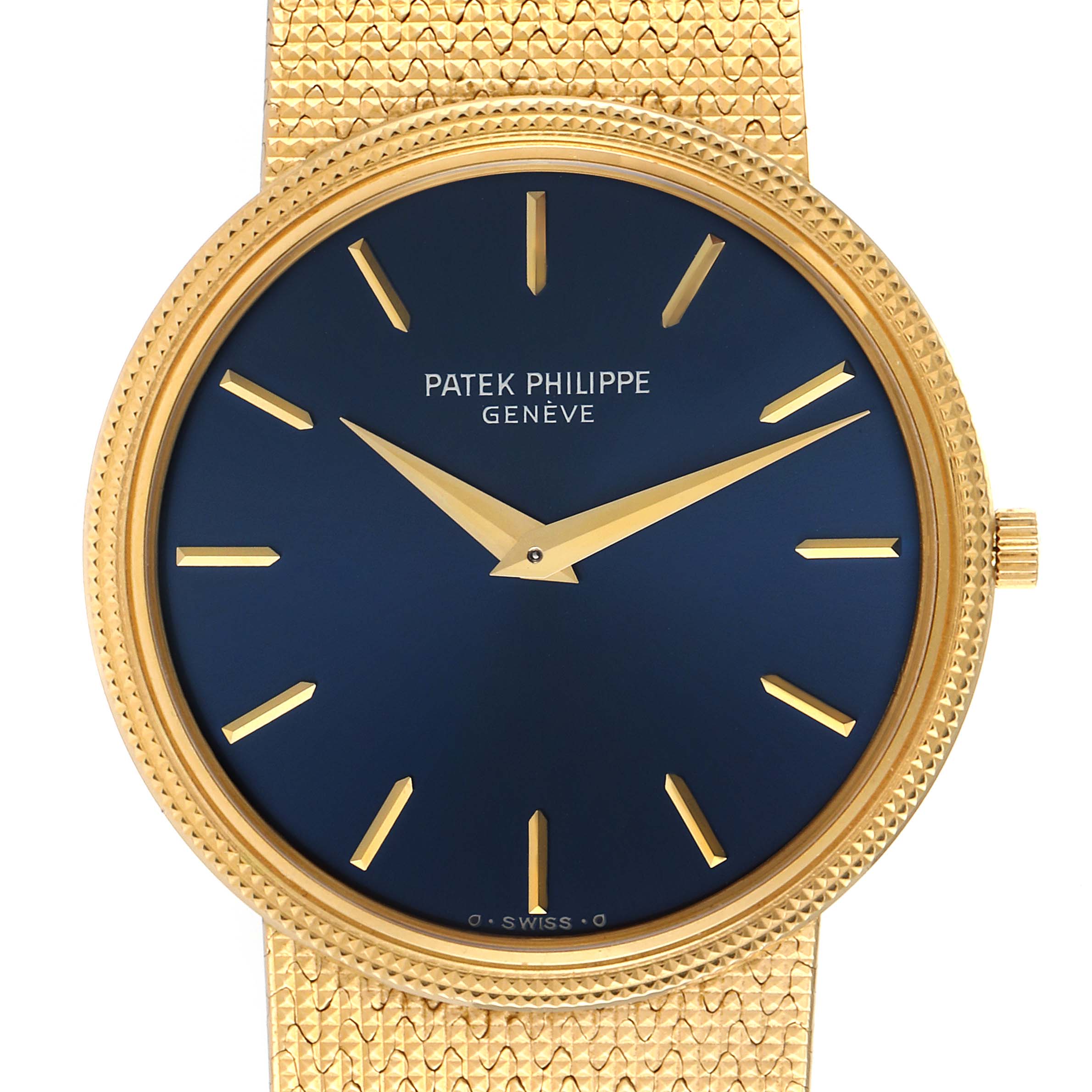 The image shows a frontal view of the Patek Philippe Calatrava 3611 Men's Yellow Gold Blue Dial 3611 Men's Yellow Gold Blue Dial watch, highlighting its gold case, blue dial, and gold strap.