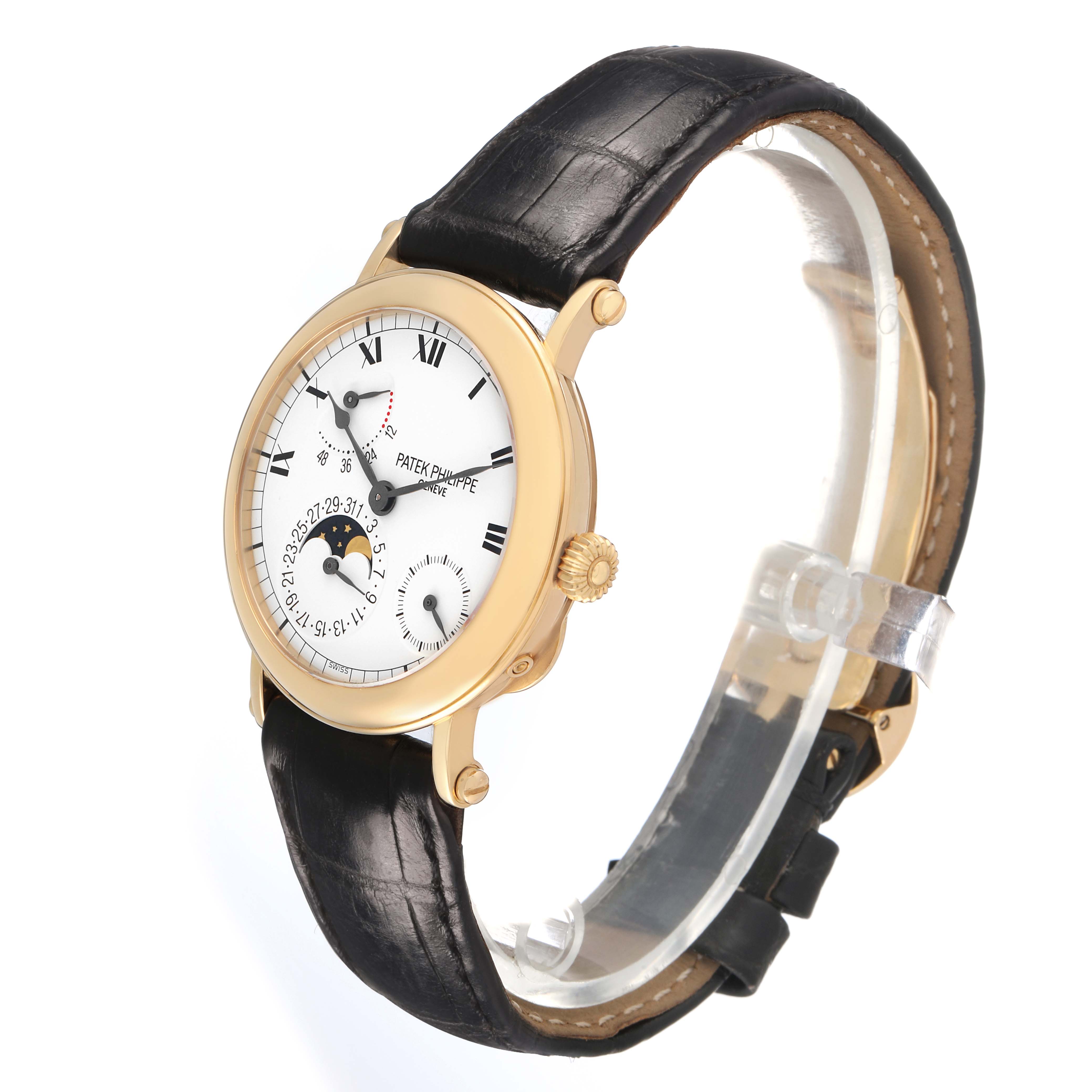 The Patek Philippe Complications 5054 Men's Yellow Gold White Dial watch is shown at a three-quarter angle, displaying the face, case, crown, and strap.