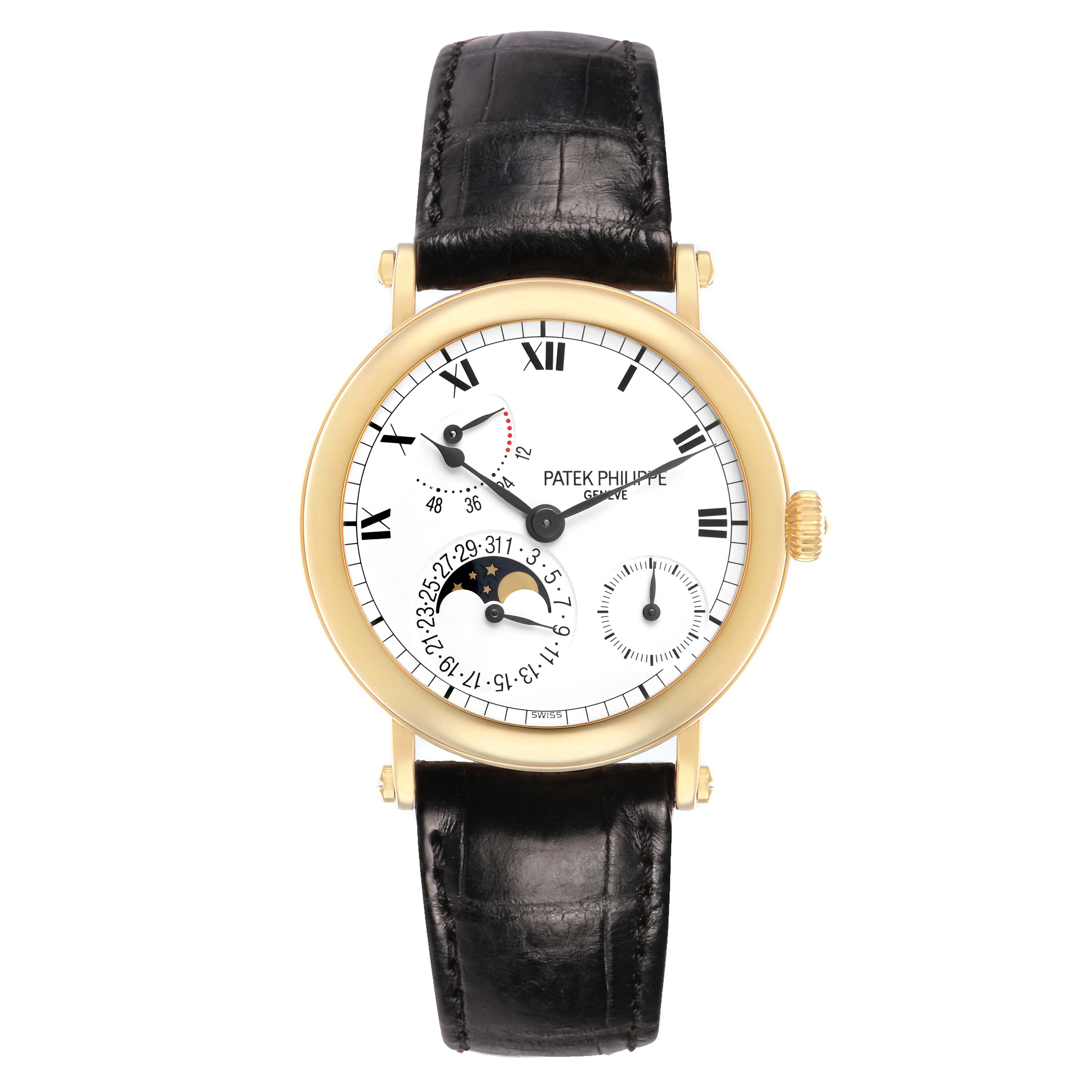 The Patek Philippe Complications 5054 Men's Yellow Gold White Dial watch is shown from a top view, displaying its dial, moon phase, and black leather strap.