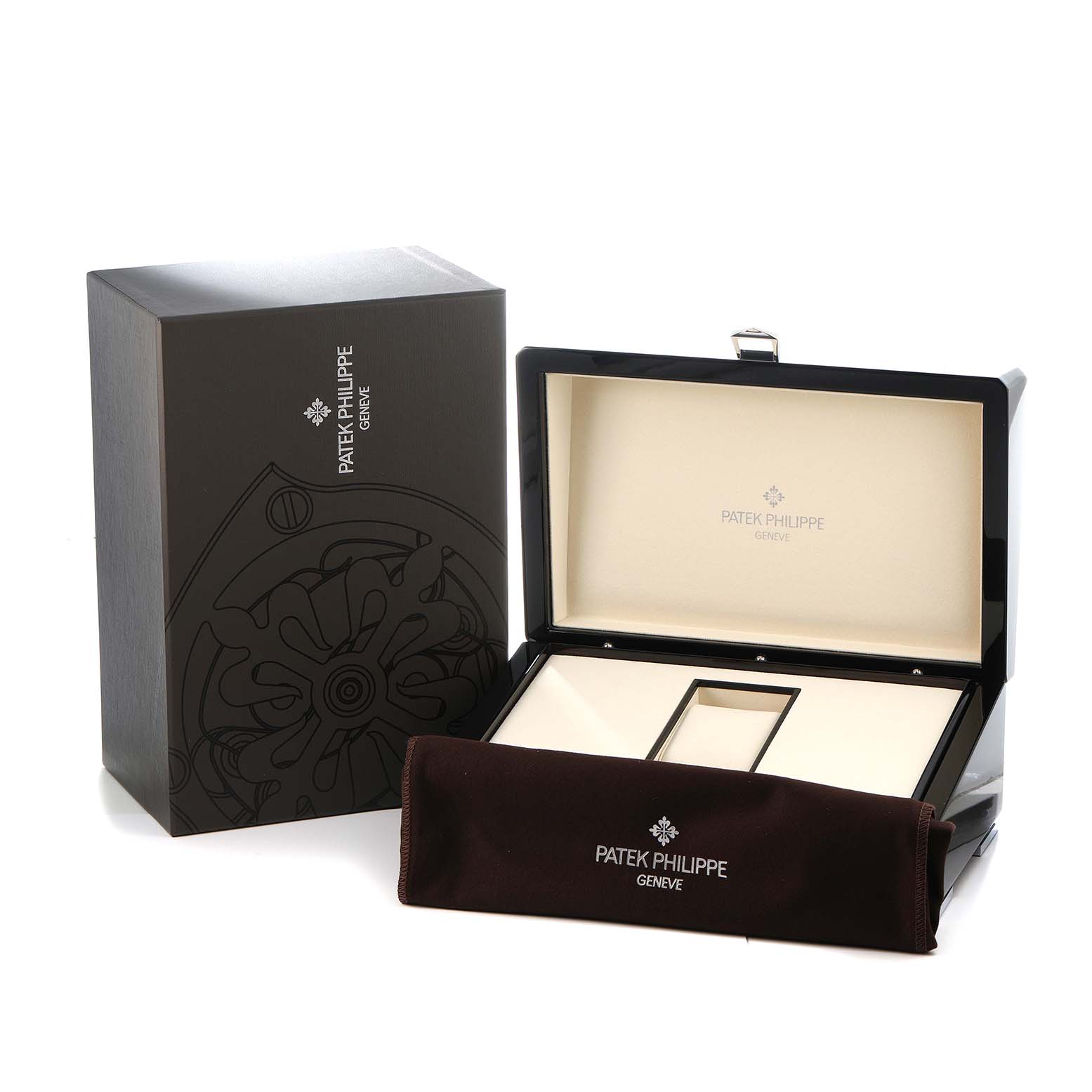 The image shows the packaging for a Patek Philippe Complications 5054 Men's Yellow Gold White Dial model, including an open display box, an outer box, and a protective cloth.