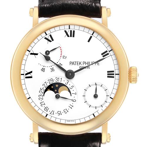 The Patek Philippe Complications 5054 Men's Yellow Gold White Dial watch is shown front-on, highlighting its dial, moon phase, sub-dial, and leather strap.