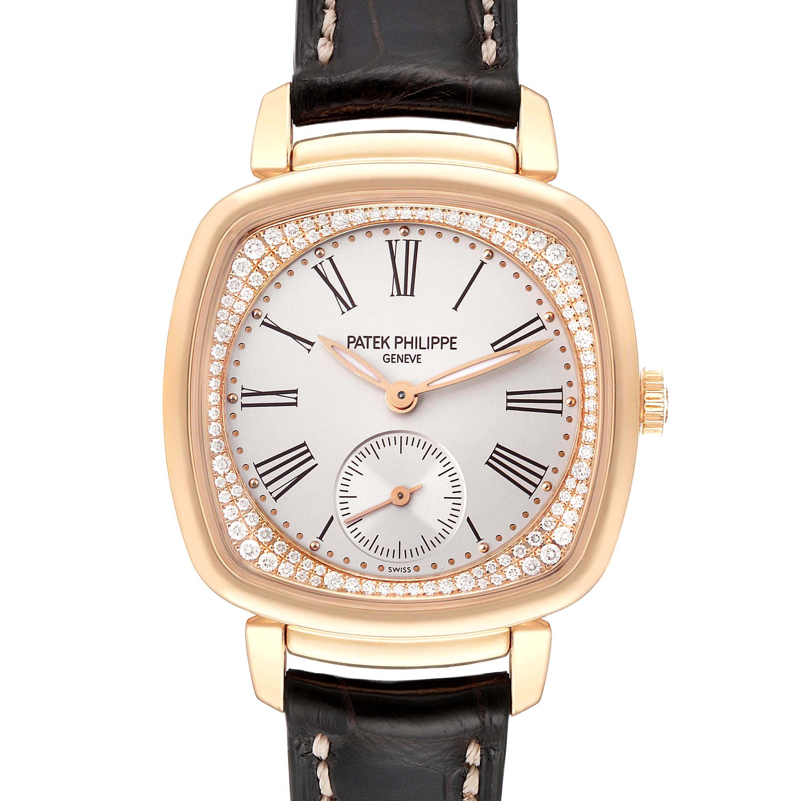 The Patek Philippe Gondolo 7041R-001 Women's Rose Gold Silver Dial 7041R-001 Women's Rose Gold Silver Dial watch is shown from the front, highlighting the dial, case, and strap.