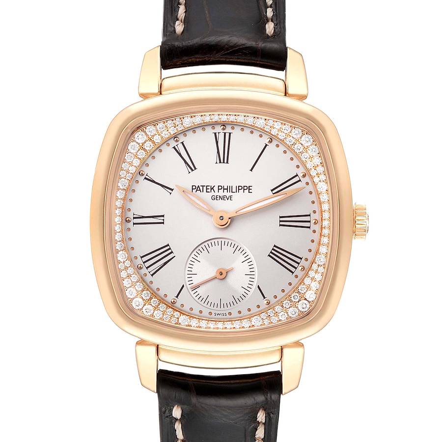 The Patek Philippe Gondolo watch is shown from the front, highlighting the dial, case, and strap.