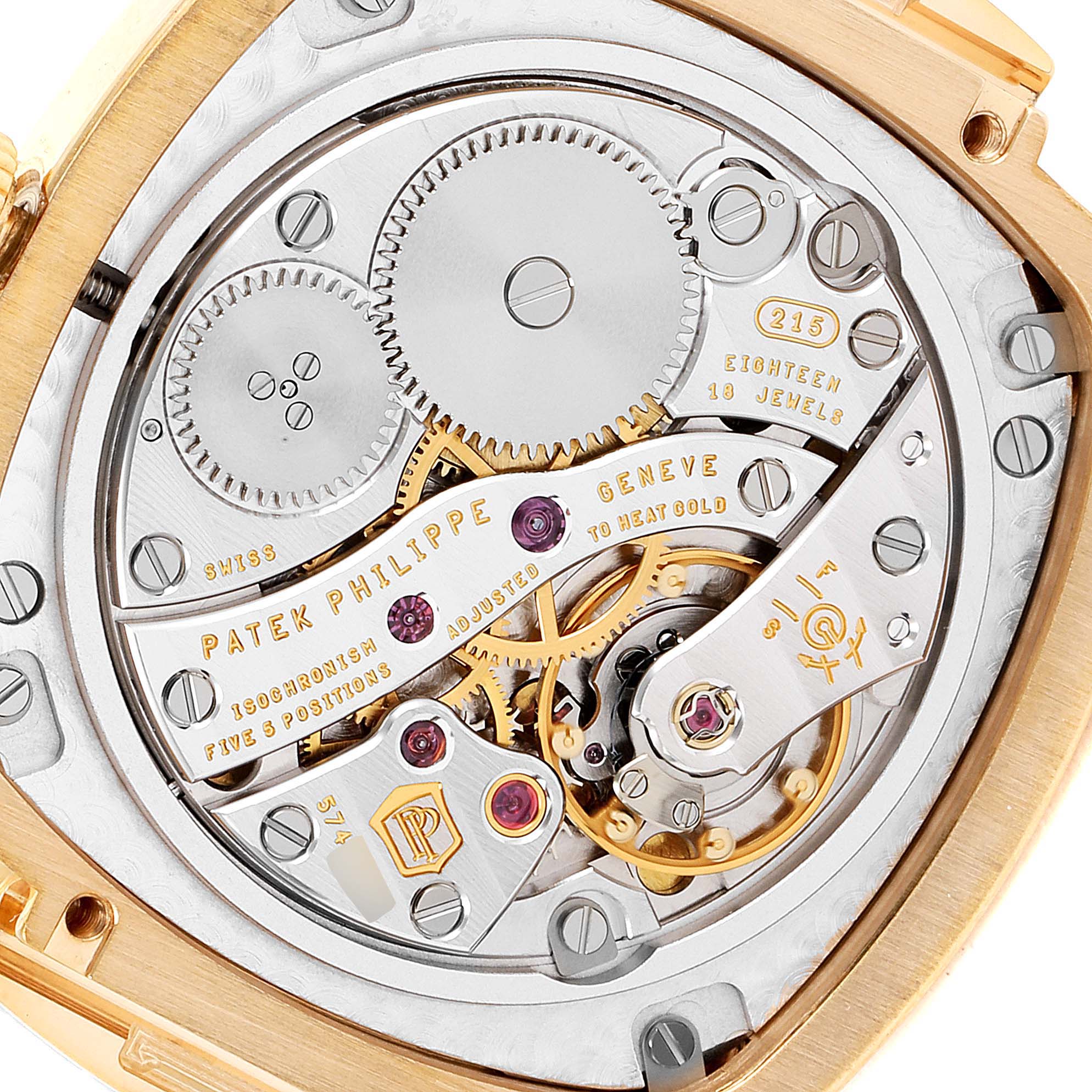 This image shows the intricate back view of the movement of a Patek Philippe Gondolo 7041R-001 Women's Rose Gold Silver Dial 7041R-001 Women's Rose Gold Silver Dial watch.