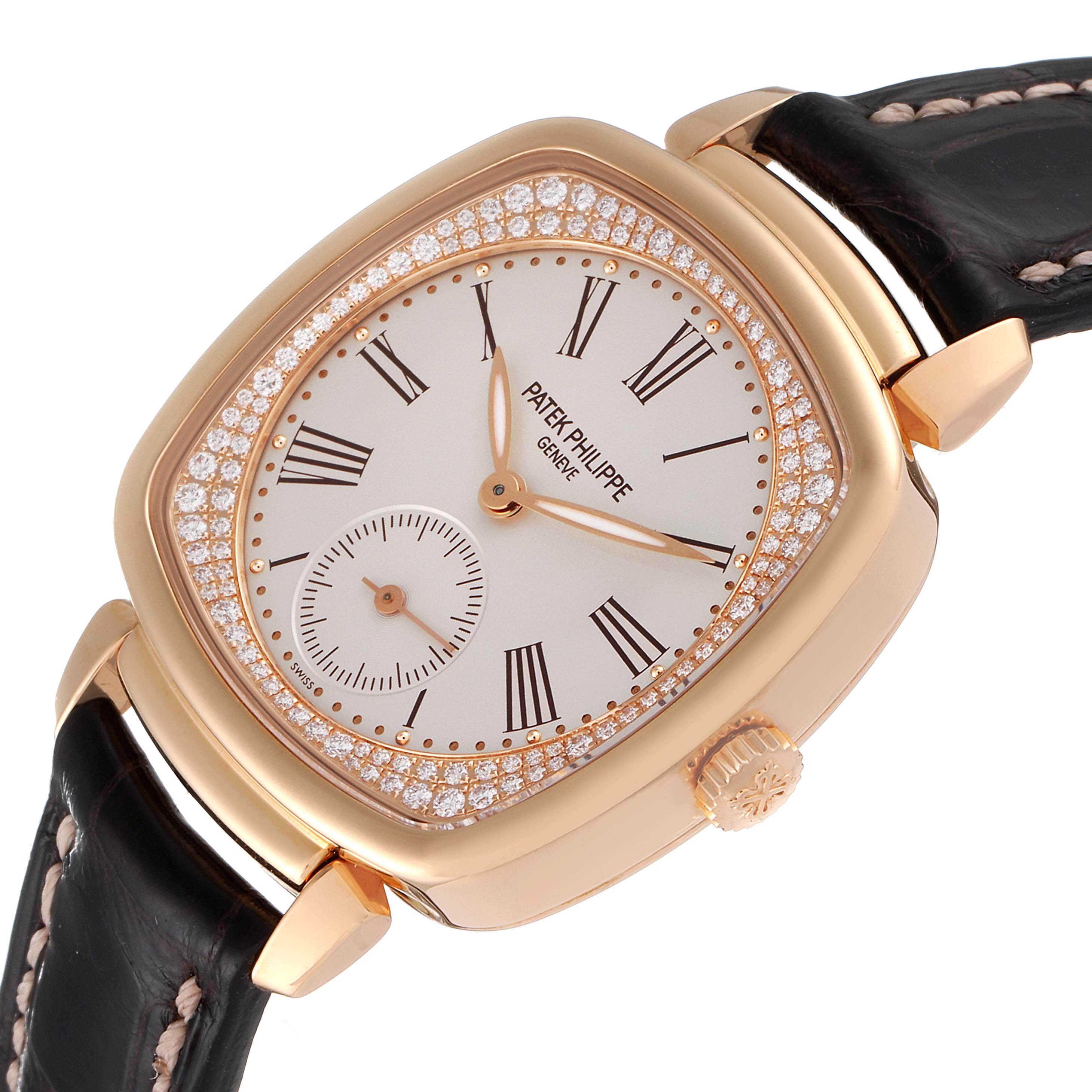 The image shows a Patek Philippe Gondolo 7041R-001 Women's Rose Gold Silver Dial 7041R-001 Women's Rose Gold Silver Dial model watch at an angle displaying its diamond-encrusted bezel and black leather strap.