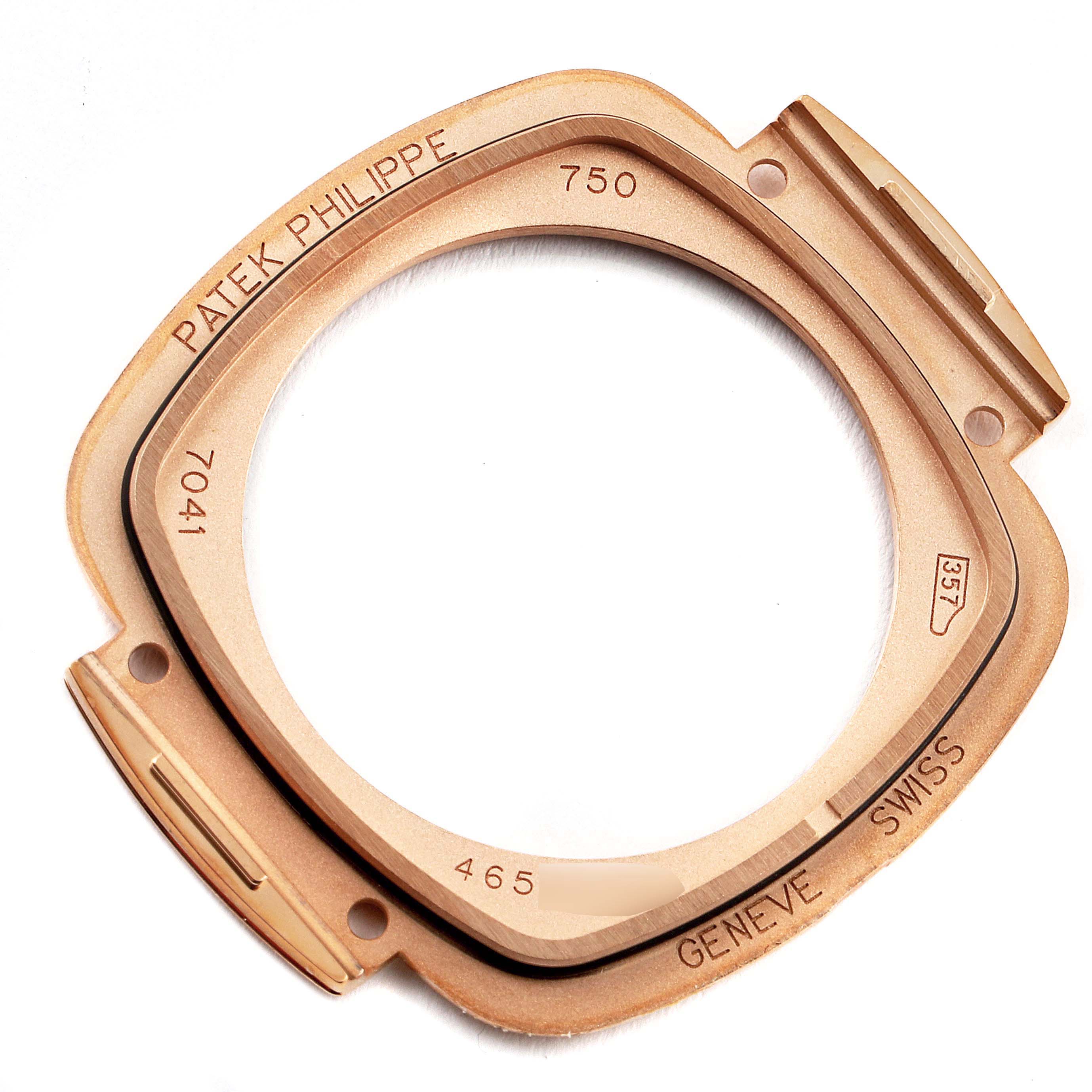 The image shows the rose gold watch case of the Patek Philippe Gondolo 7041R-001 Women's Rose Gold Silver Dial 7041R-001 Women's Rose Gold Silver Dial model viewed from above.