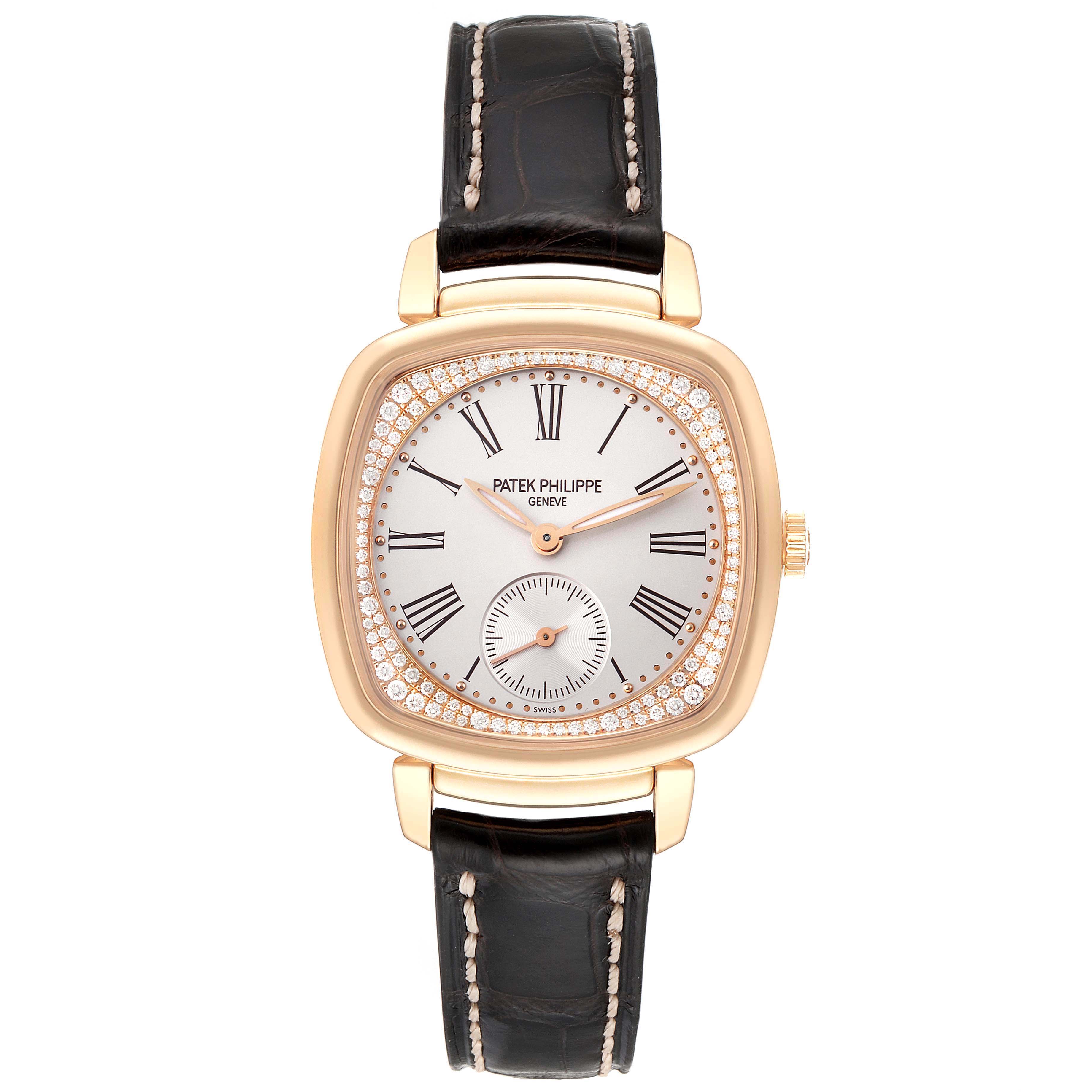 The Patek Philippe Gondolo 7041R-001 Women's Rose Gold Silver Dial 7041R-001 Women's Rose Gold Silver Dial watch is shown from the front, highlighting the face, case, and leather strap.