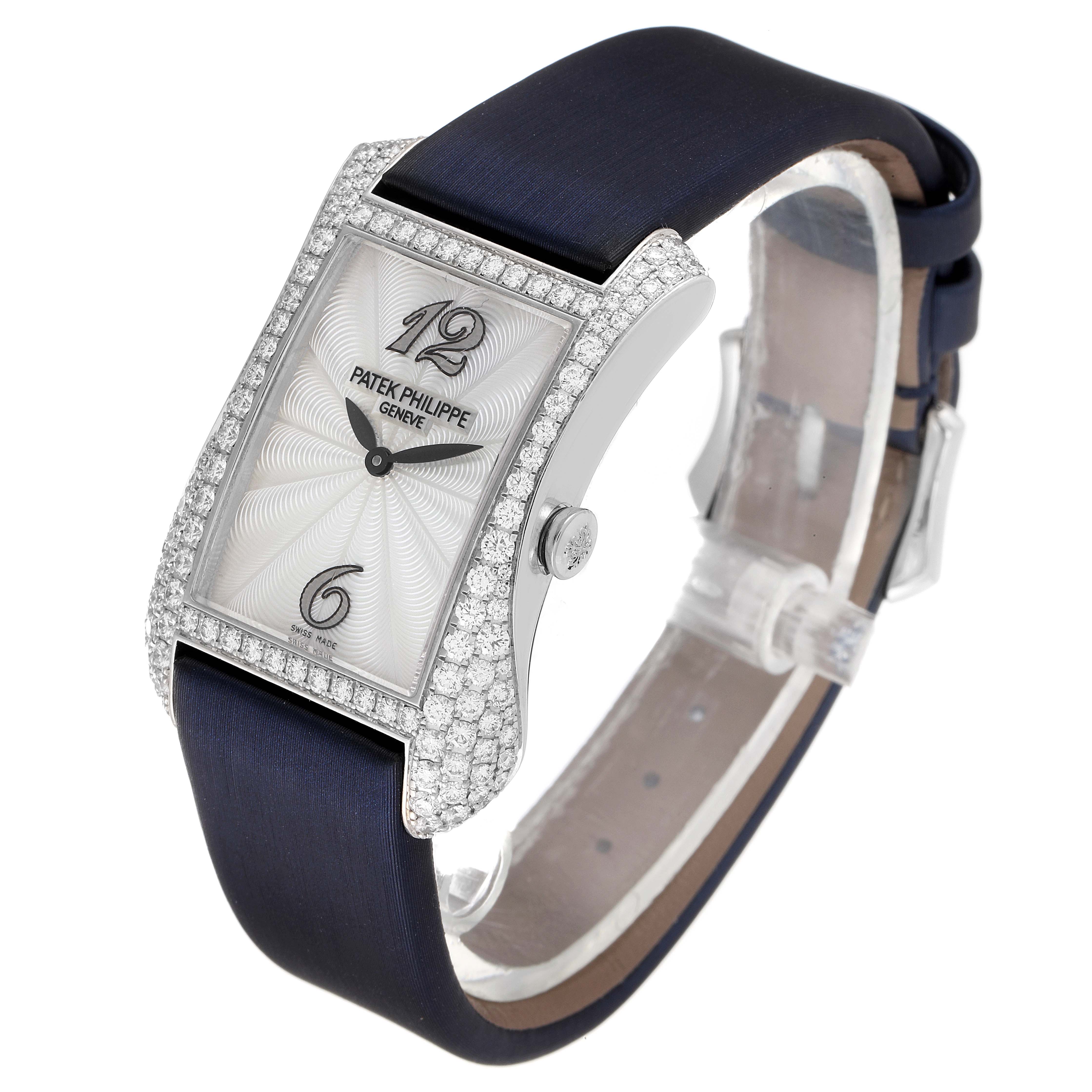 The image shows a Patek Philippe Gondolo 4972G-001 Women's White Gold Mother of Pearl Dial 4972G-001 Women's White Gold Mother of Pearl Dial watch at a three-quarter angle, highlighting its dial, strap, and diamond-studded bezel.