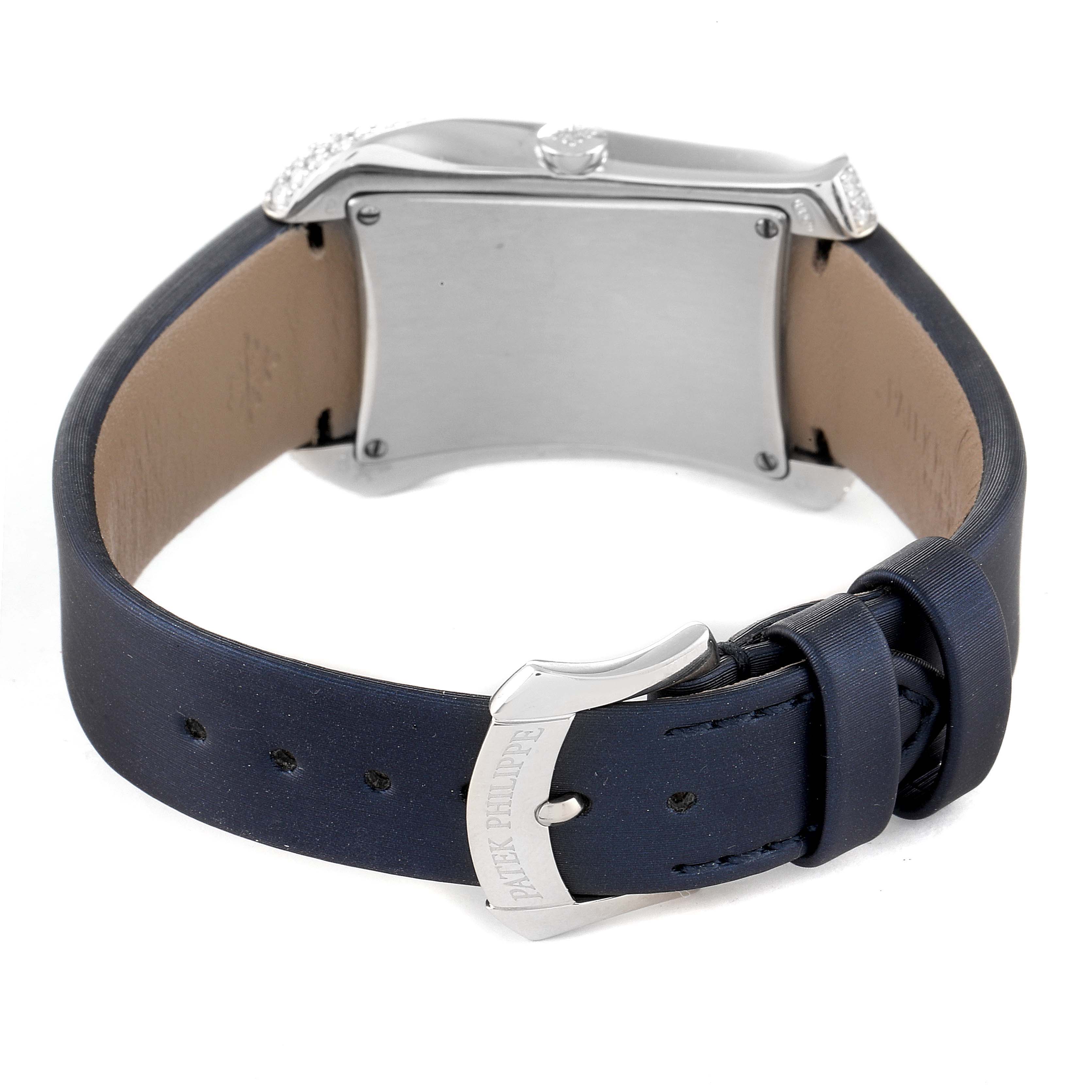 This image shows the back view of the Patek Philippe Gondolo 4972G-001 Women's White Gold Mother of Pearl Dial 4972G-001 Women's White Gold Mother of Pearl Dial watch, highlighting the strap and buckle.