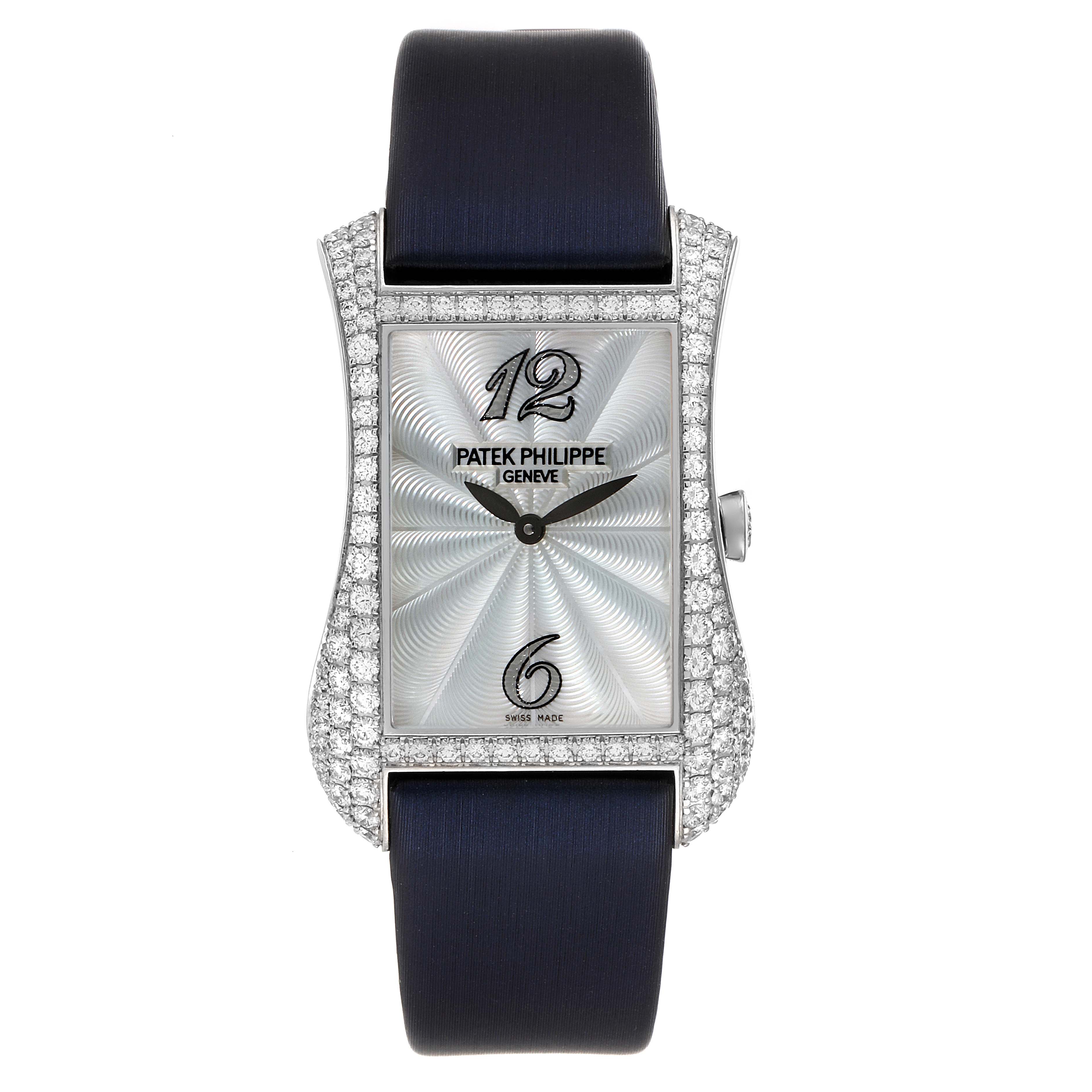 The image shows a front view of a Patek Philippe Gondolo 4972G-001 Women's White Gold Mother of Pearl Dial 4972G-001 Women's White Gold Mother of Pearl Dial watch, displaying its face, dial, and strap.