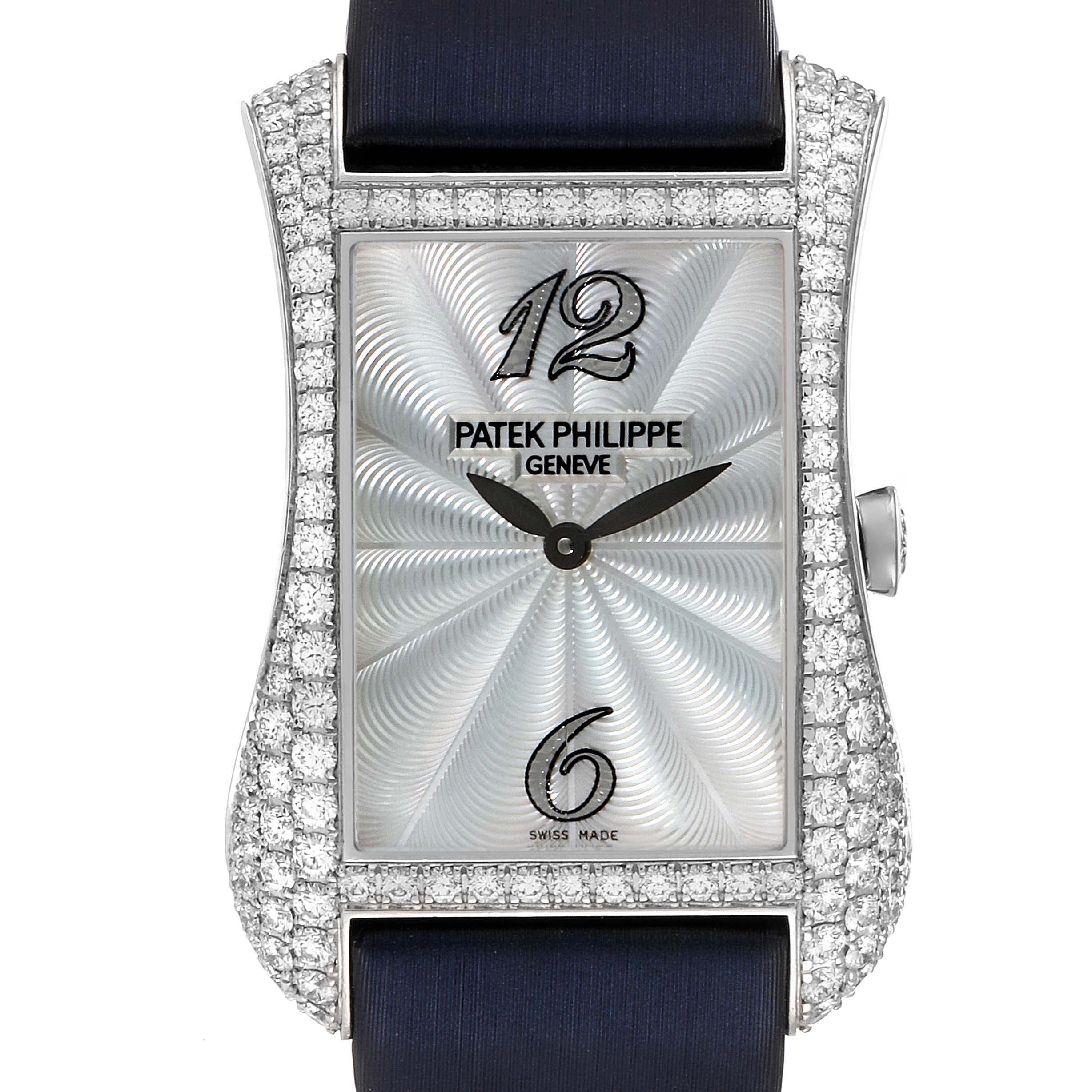 This image shows a frontal view of a Patek Philippe Gondolo 4972G-001 Women's White Gold Mother of Pearl Dial 4972G-001 Women's White Gold Mother of Pearl Dial watch, highlighting its diamond-encrusted bezel and intricate dial design.