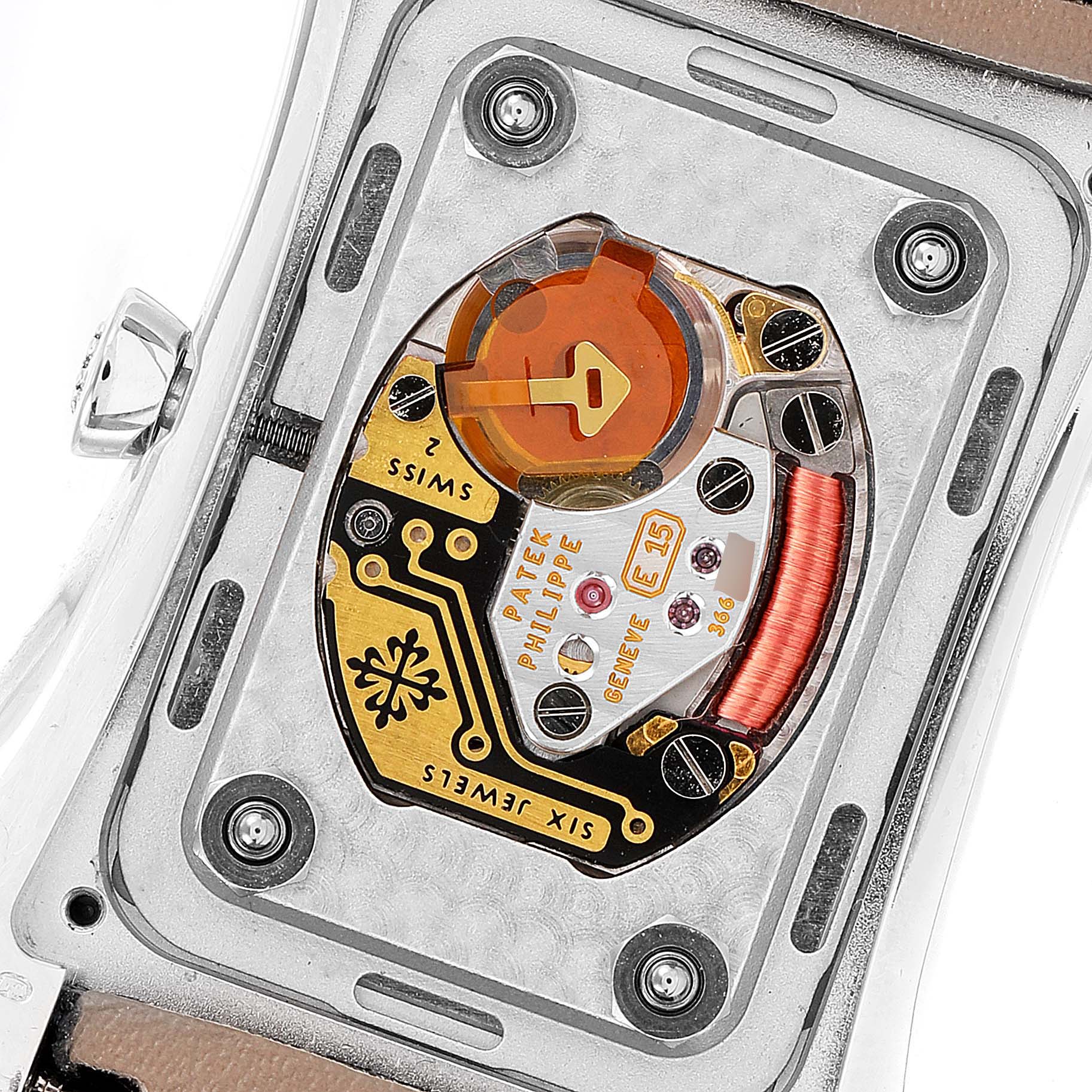 The image shows the movement through the transparent case back of a Patek Philippe Gondolo 4972G-001 Women's White Gold Mother of Pearl Dial 4972G-001 Women's White Gold Mother of Pearl Dial watch.