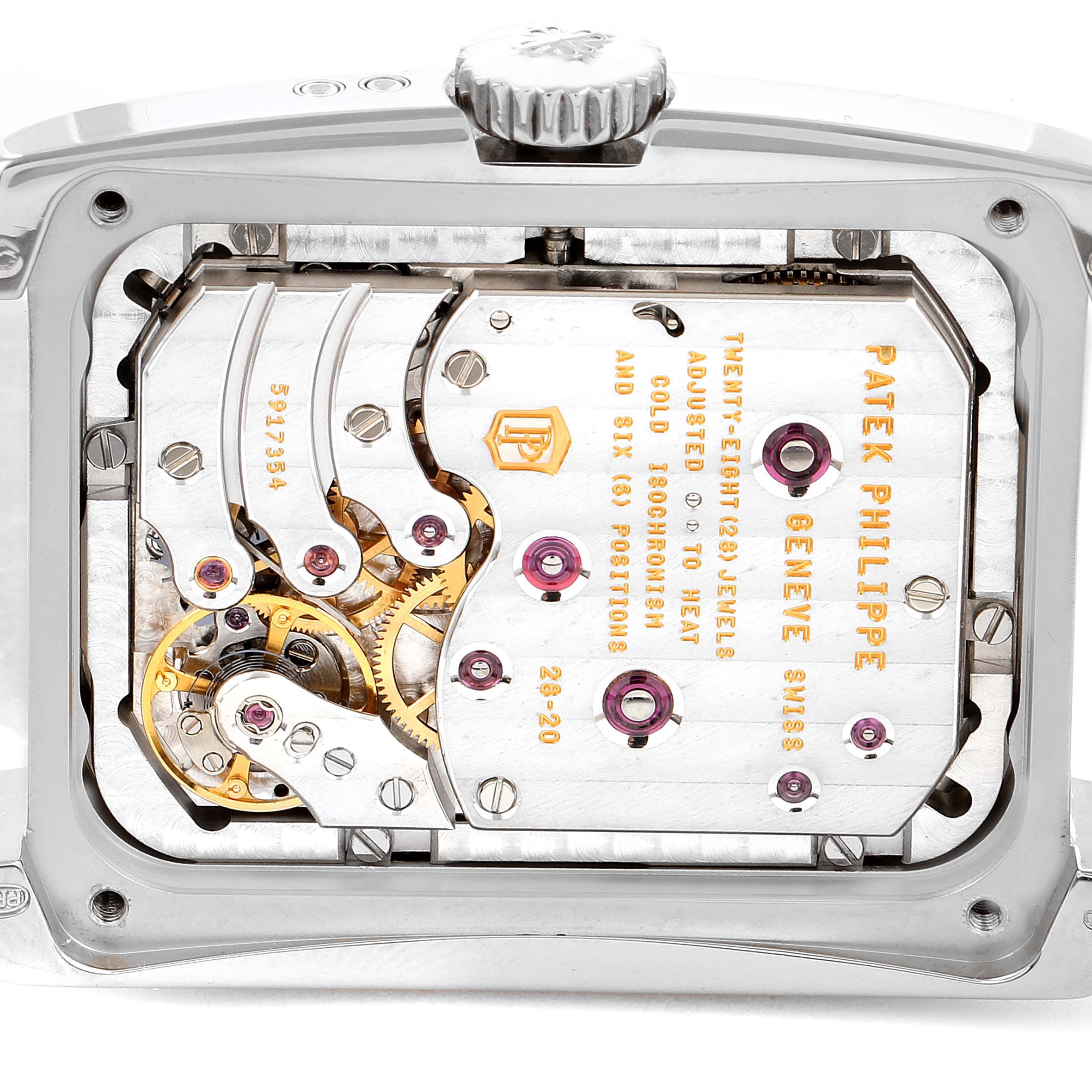 This image shows the back view of the Patek Philippe Gondolo 5200G-010 Men's White Gold Blue Dial 5200G-010 Men's White Gold Blue Dial watch, revealing its intricate movement mechanism.