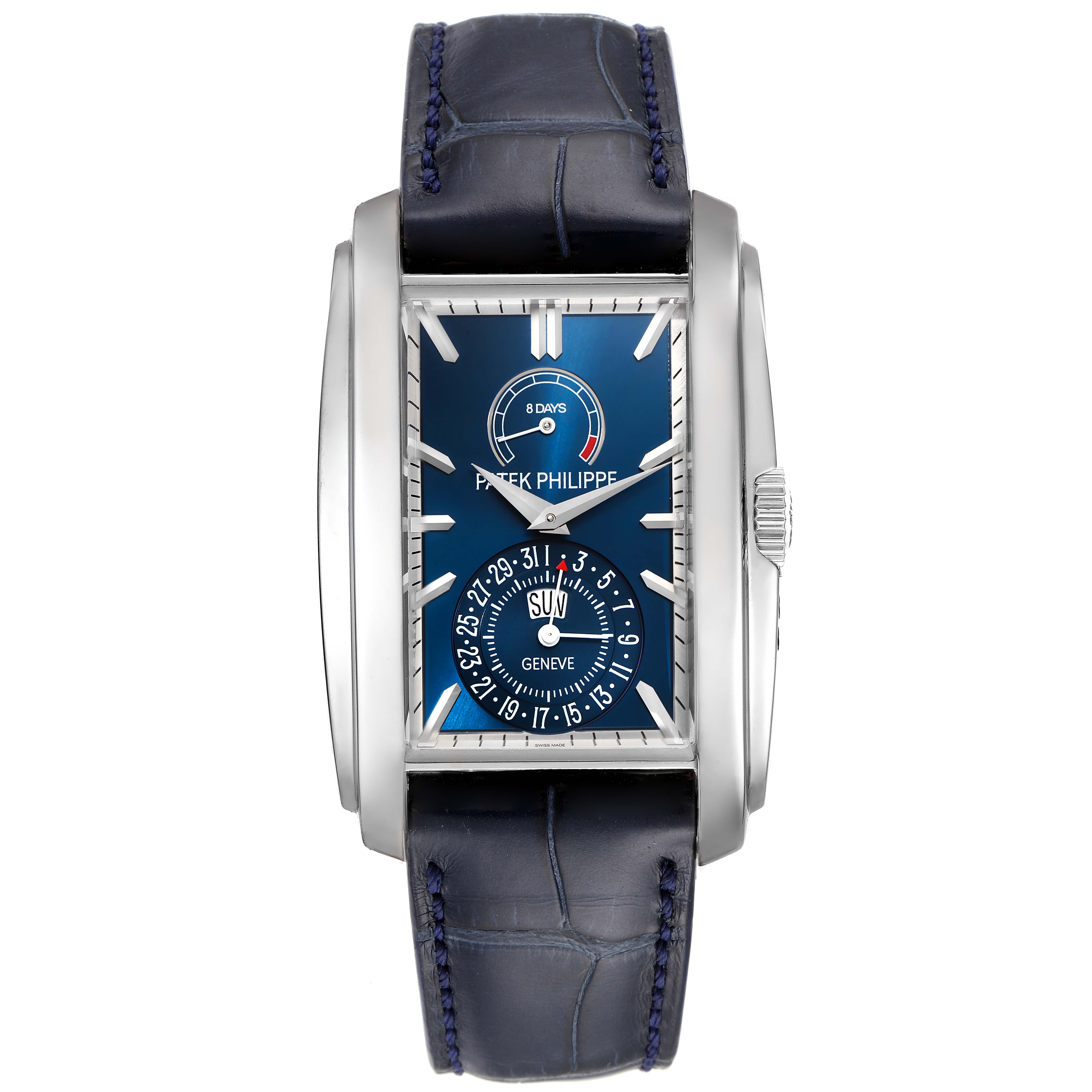 The image shows a frontal view of the Patek Philippe Gondolo 5200G-010 Men's White Gold Blue Dial 5200G-010 Men's White Gold Blue Dial watch, featuring its dial, strap, and crown.