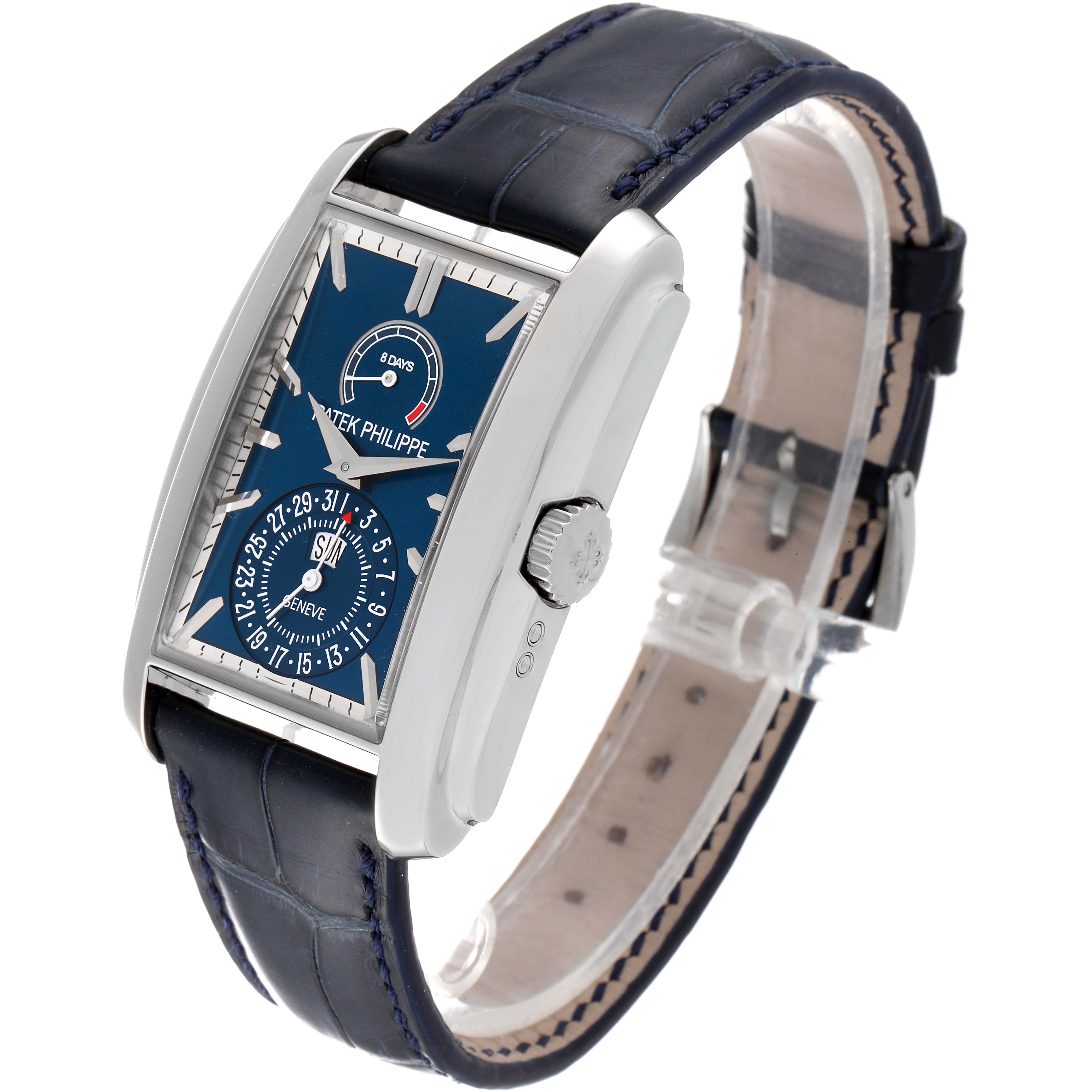 The image shows a side and top angled view of a Patek Philippe Gondolo 5200G-010 Men's White Gold Blue Dial 5200G-010 Men's White Gold Blue Dial watch, highlighting the blue dial and leather strap.